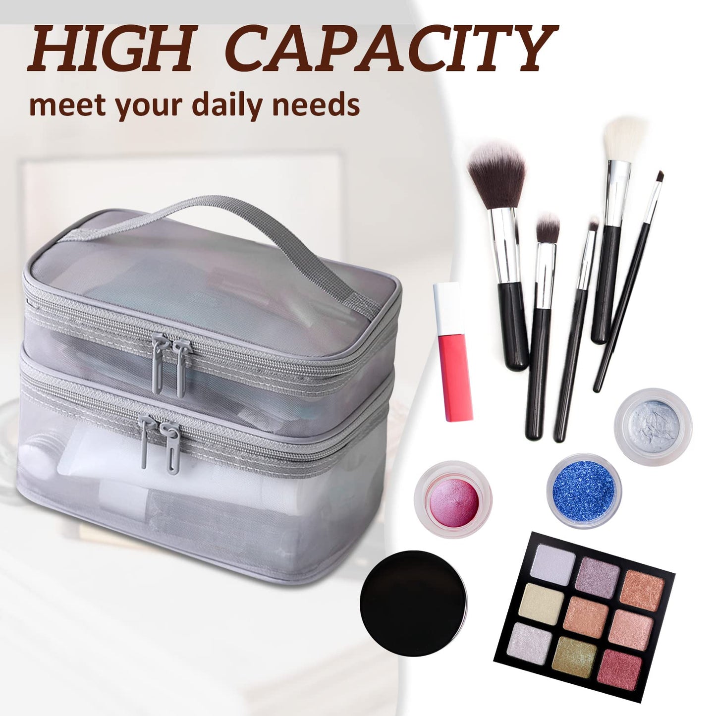 Double Layer Makeup Bag, Large Mesh Travel Cosmetic Pouch with Double Zipper, Vertical Multifunctional Toiletry Bag for Makeup Brushes