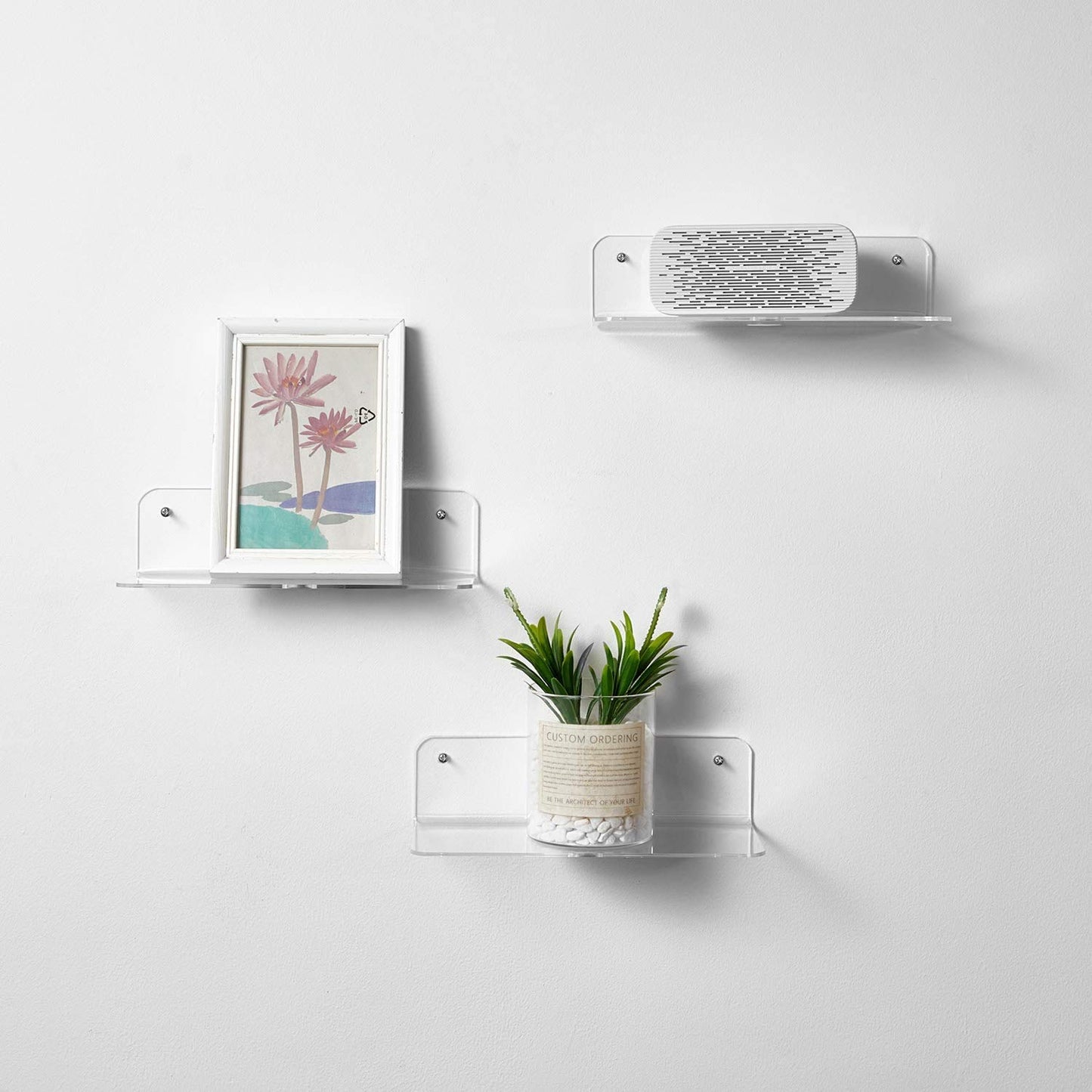 2-Piece Floating Wall Shelves, Clear Acrylic Shelves with Cable Clips, 30 cm Compact Wall-Mounted Display for Bedroom Bathroom Gaming Room Living Room or Office Use, Clear Color