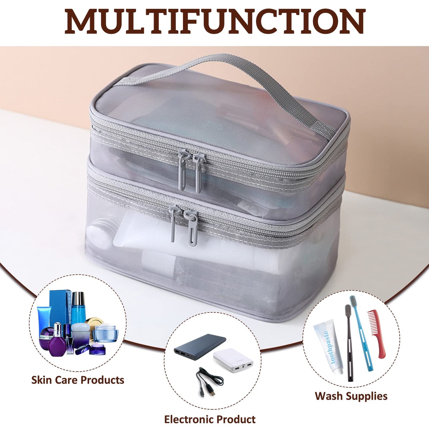 Double Layer Makeup Bag, Large Mesh Travel Cosmetic Pouch with Double Zipper, Vertical Multifunctional Toiletry Bag for Makeup Brushes