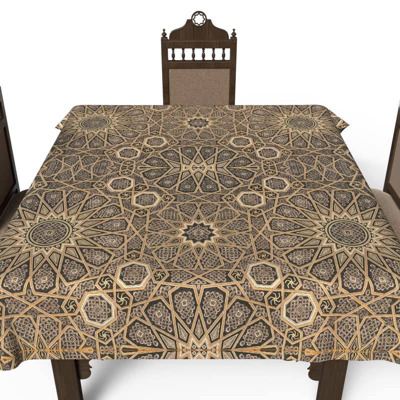 Islamic Unique Diwan Waterproof Tablecloth, a Multicolor 140x140 cm Square Table Cover of Spillproof Polyester with a Traditional Pattern, a Durable Protector for Elegant Dining Occasions