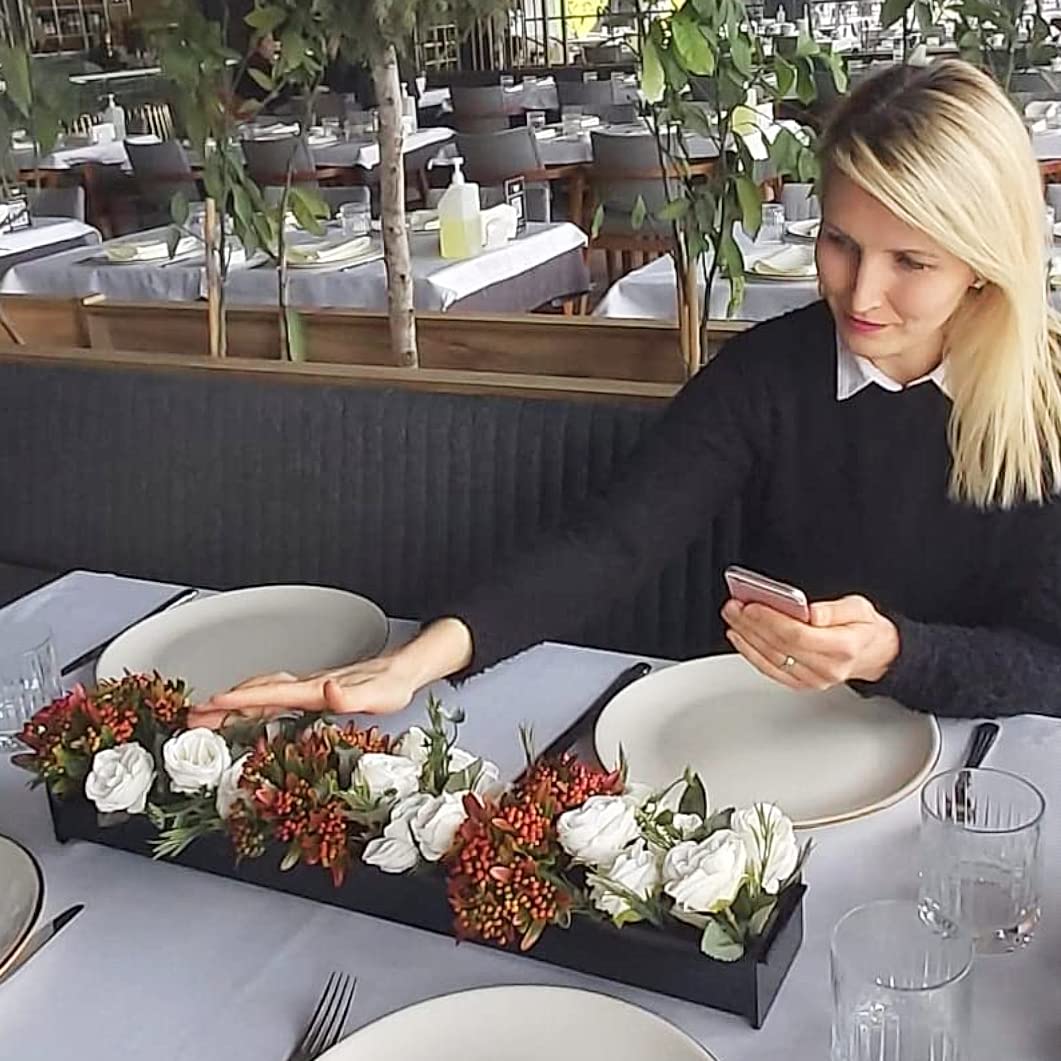 Rectangular Floral Centerpiece, 60 cm Black Acrylic Low-Laying Vase with LED Base for Dining Table, Modern Flower Arrangement for Home Decor or Weddings, Unique Design - Black