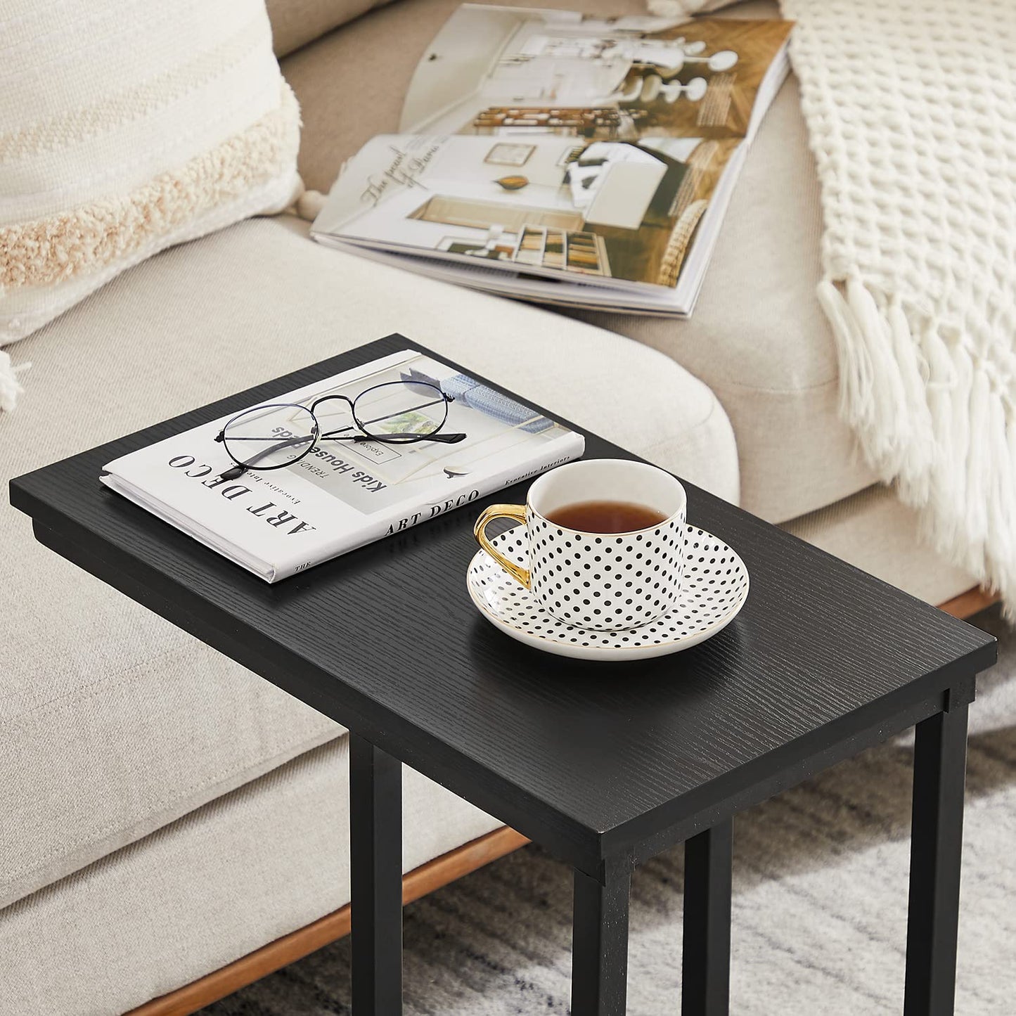 C Shaped End Side Tables for Living Room Set of 2, Black