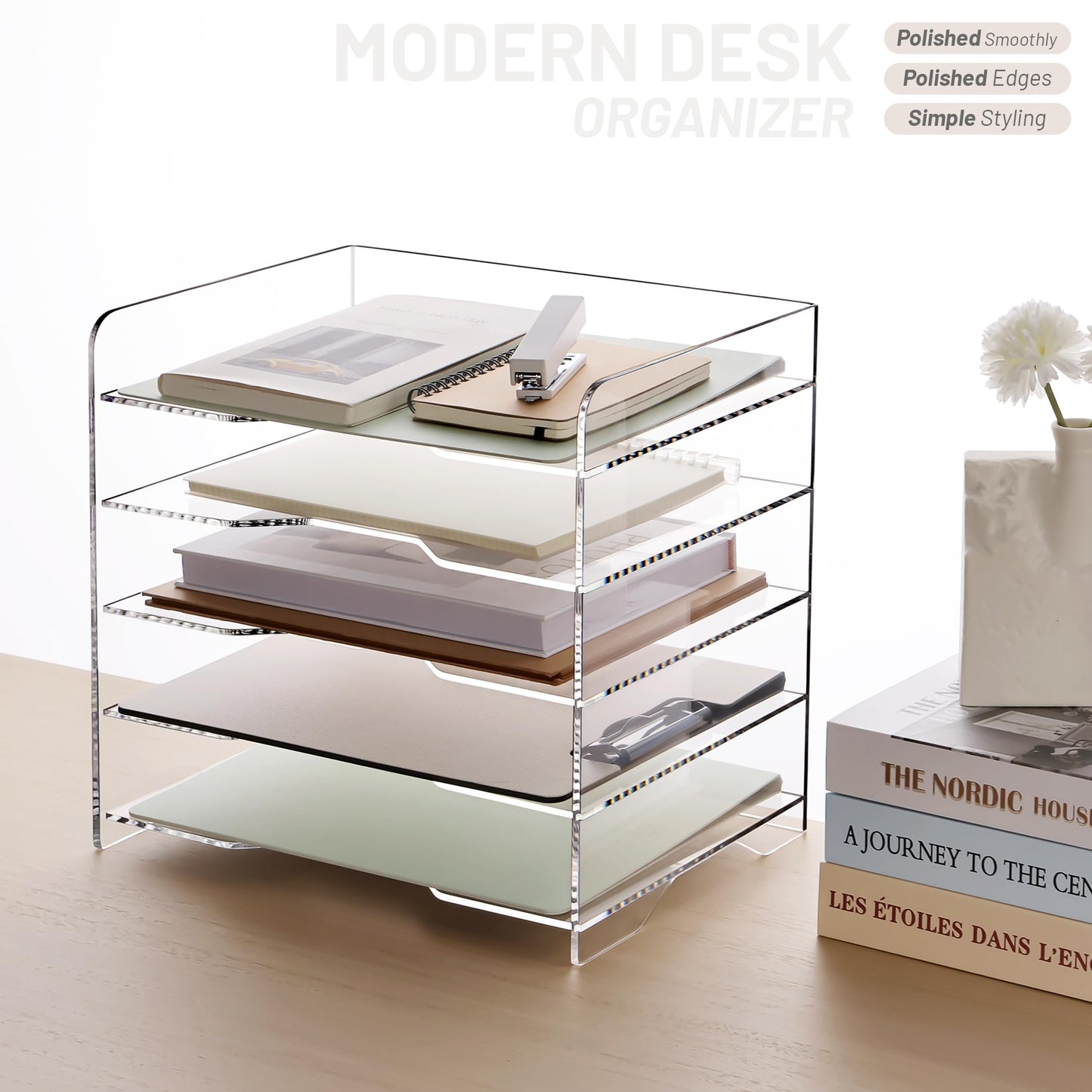 Clear Acrylic File Organizer, 5-Tier Horizontal Letter Tray, Enlarged Paper Organizer for Desk, Office, and Home Use
