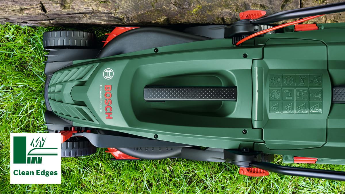 Bosch UniversalRotak 34-405 wired lawn mower (1300 W motor, 34 cm cutting width, 40 litre collection tray, for even mowing lawns leaving clean borders)