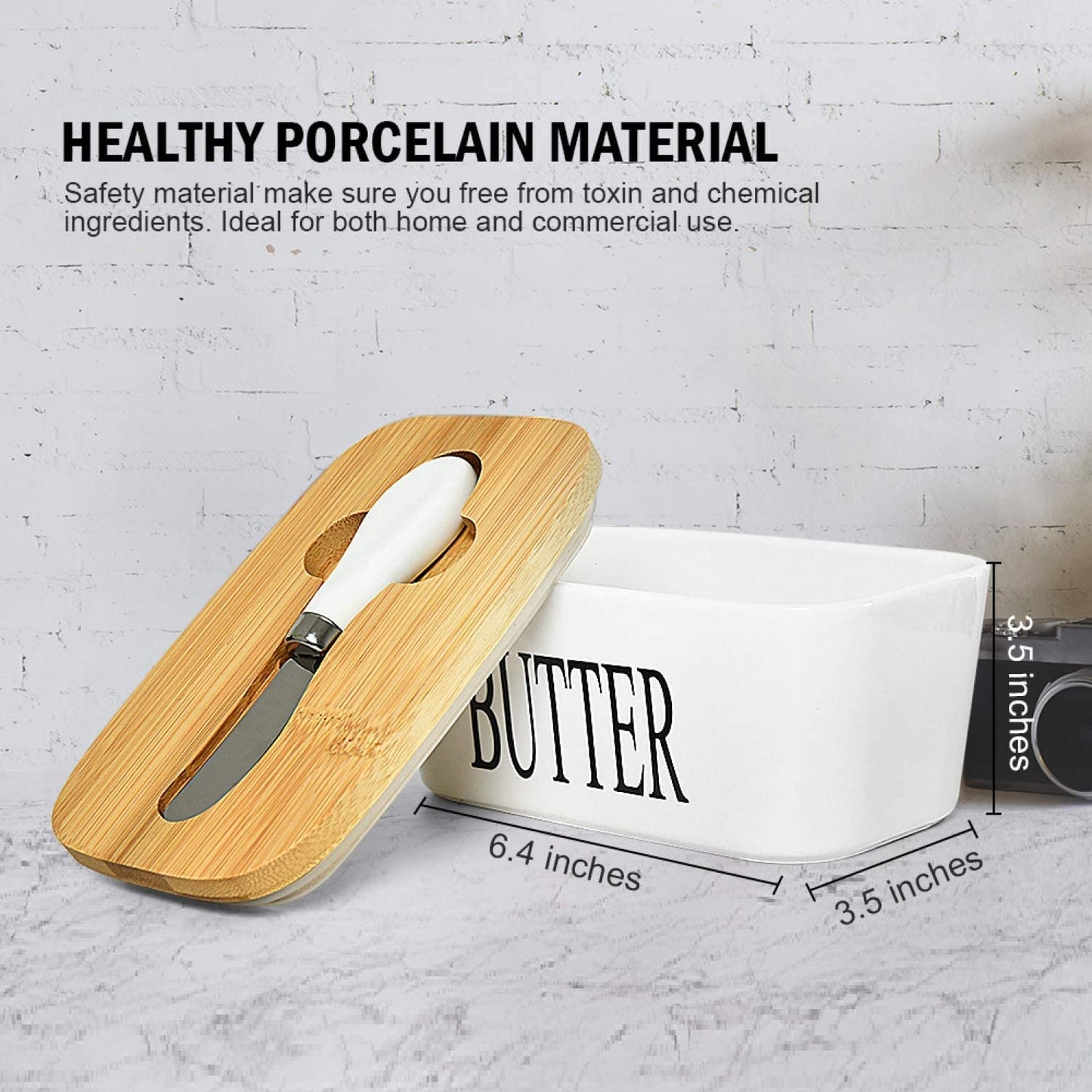 Ceramic Butter Dish with Lid – 650 ML Airtight Butter Container with Bamboo Lid & Butter Knife, Porcelain Farmhouse Style for Countertop Use