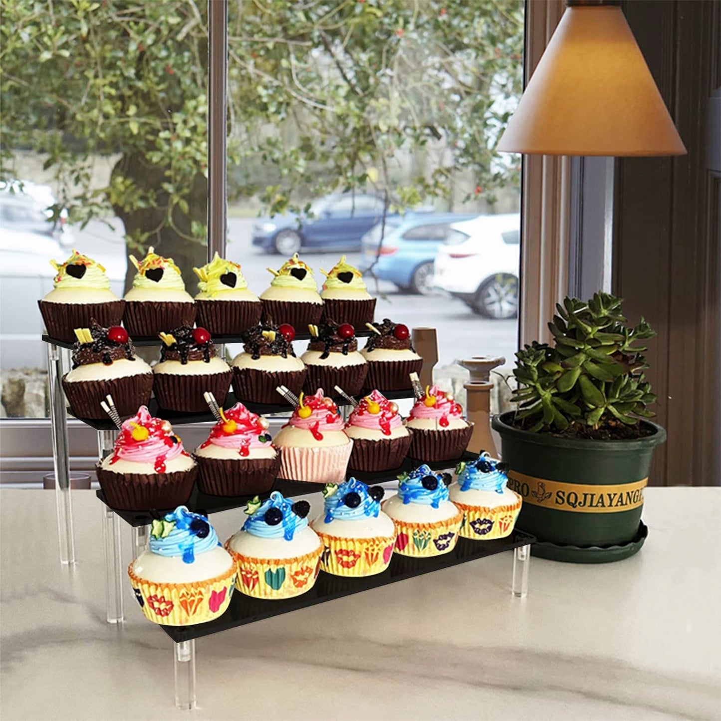 4-Tier Acrylic Display Stand, Black Clear Step Riser Shelf for Perfume Bottles, Pop Figures, Cupcakes, and Product Showcases, Elegant Multi-Level Organizer for Home or Events - Black