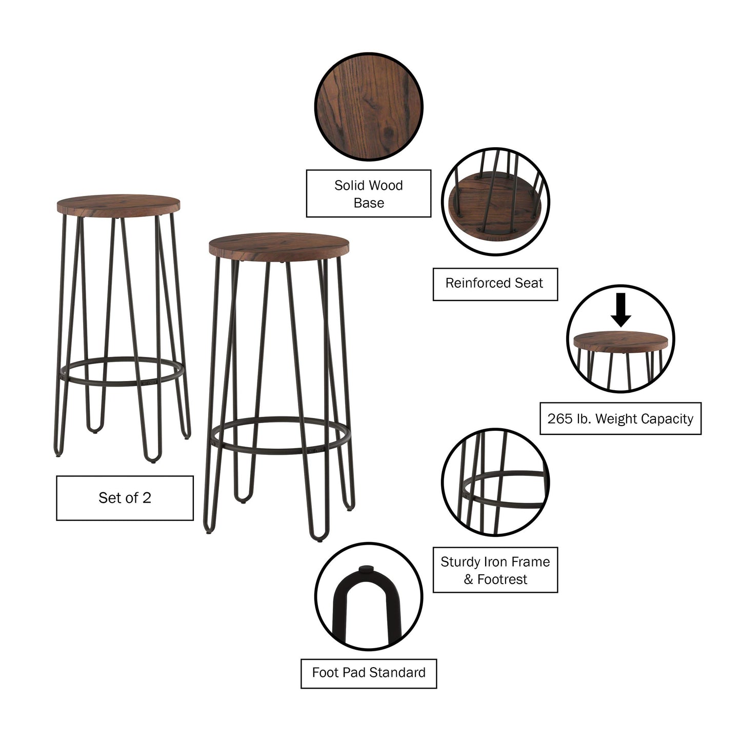 Bar Height Stools-Backless Barstools with Hairpin Legs Wood Seat-Kitchen or Dining Room- Modern Farmhouse Accent Furniture (Set of 2)