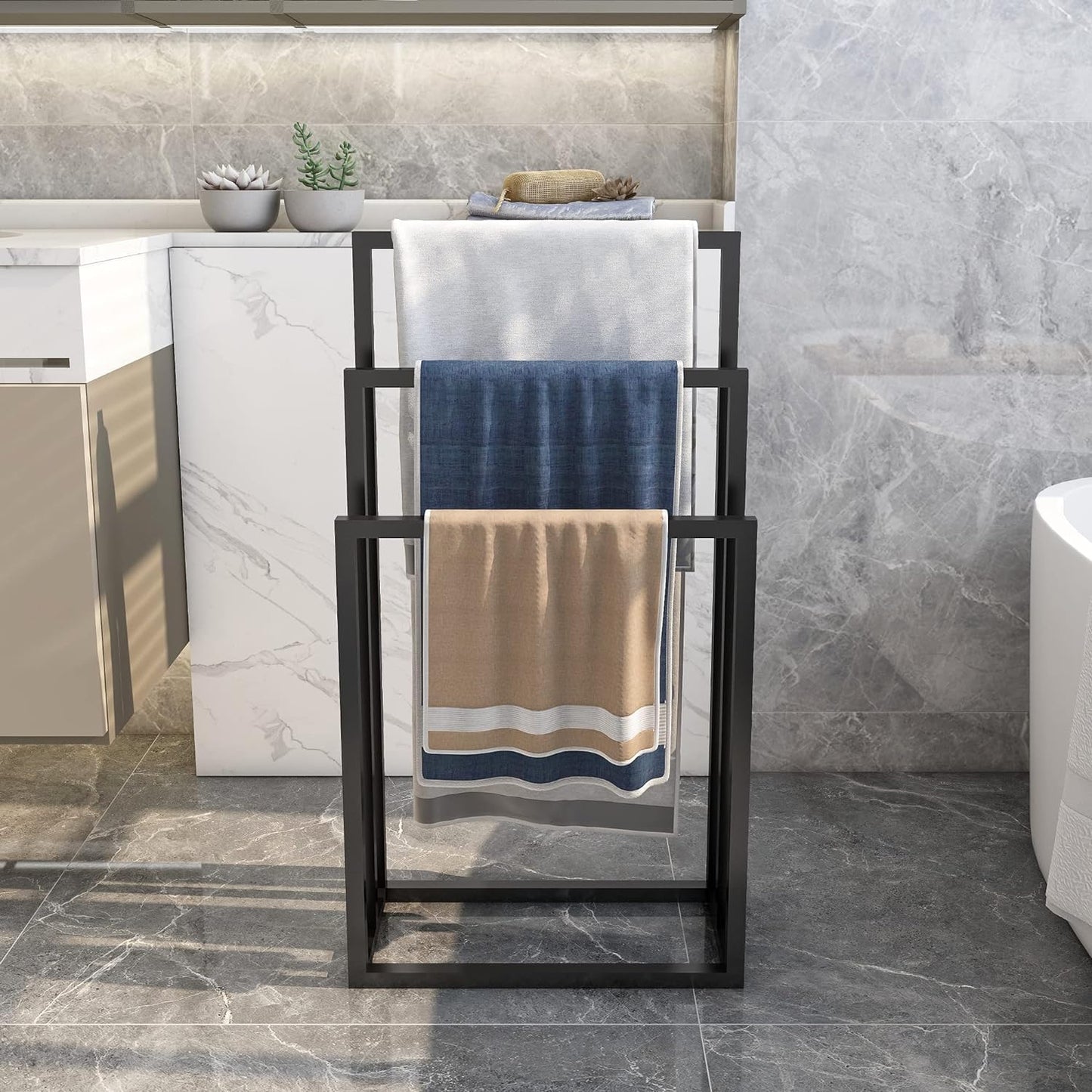 3-Tier Black Metal Towel Rack - Chrome Tall Industrial Modern Freestanding Towel Holder for Bathroom Accessories