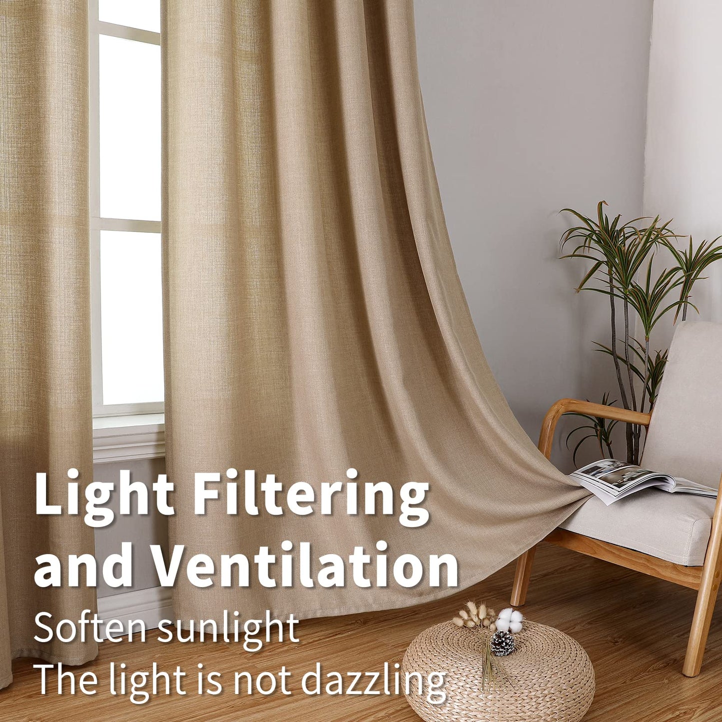Natural Linen Curtains -Semi Transparent Sheer -Soft And Durable Fabric -For Living Rooms And Bedroom Steel Grommets -Two Pieces