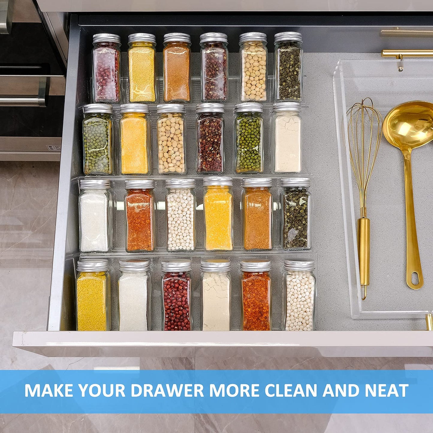 Acrylic Spice Drawer Organizer, 4-Tier Rack With Adjustable Design, Clear Spice Organizer, 1 Pack, Ideal for Kitchen Organization, Drawer or Countertop Storage, Durable & Stylish