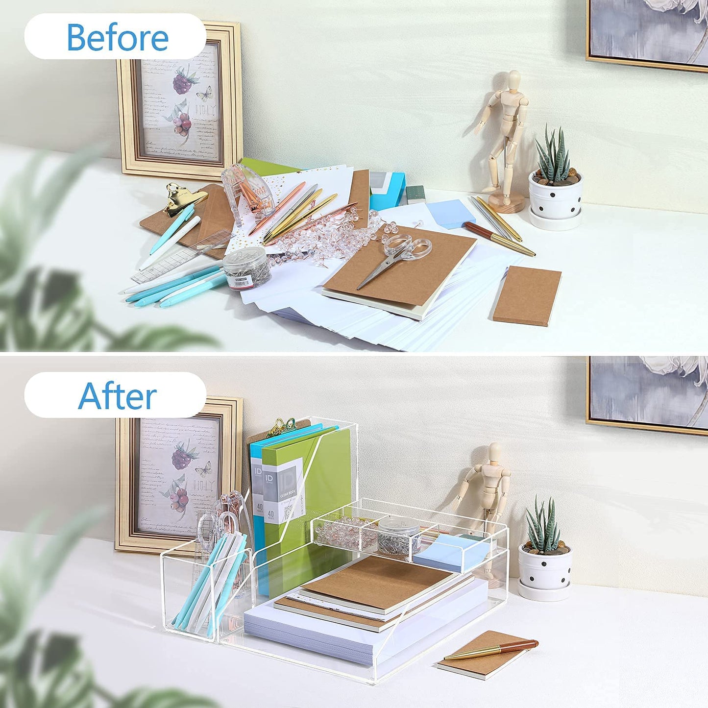 Clear Acrylic Desk Organizer Set, 4 Pcs Office Supplies Set with Paper Tray, Magazine Holder, Pen Holder, Desktop Organizer for Home and Office
