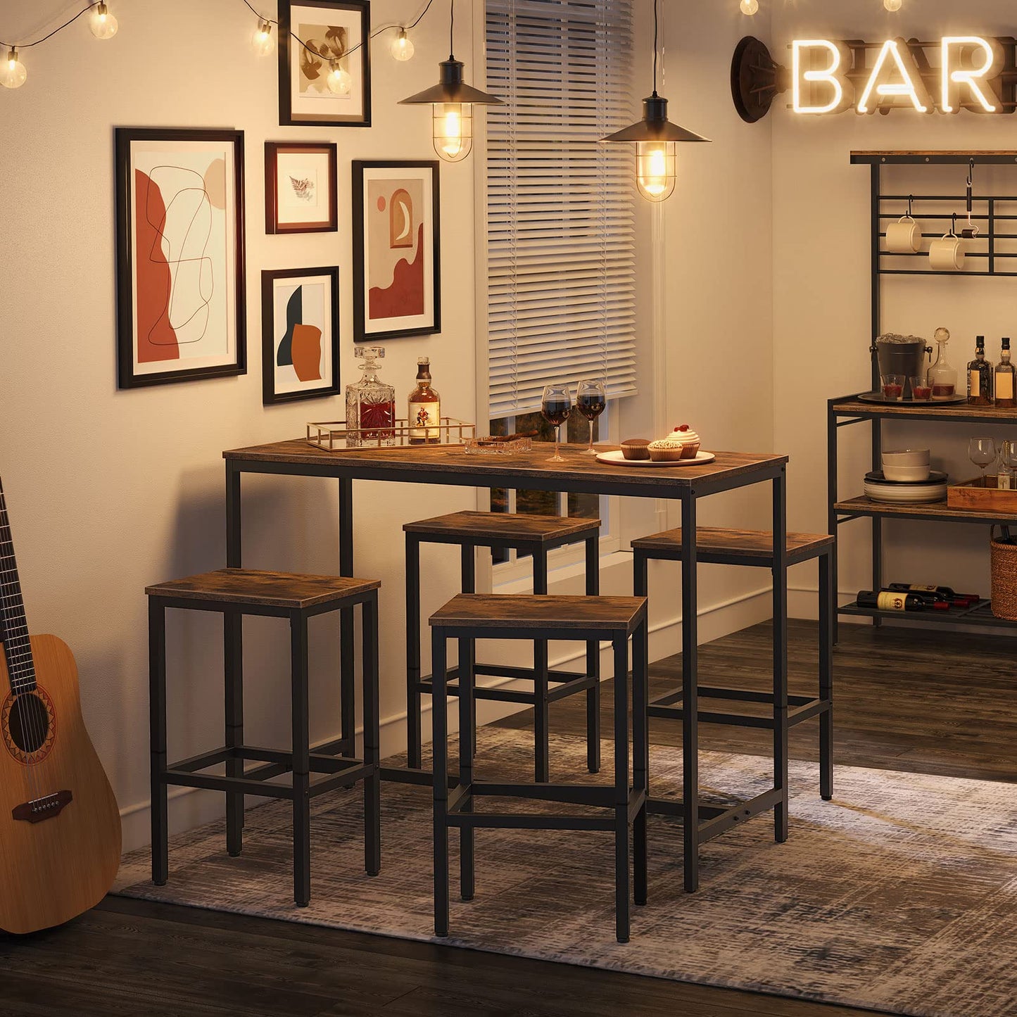 Bar Stools, Set of 2 Bar Chairs with Footrest, Black Steel Frame, Adjustable Feet, for Living Room, Dining Room, Kitchen, Industrial Design, Rustic Brown