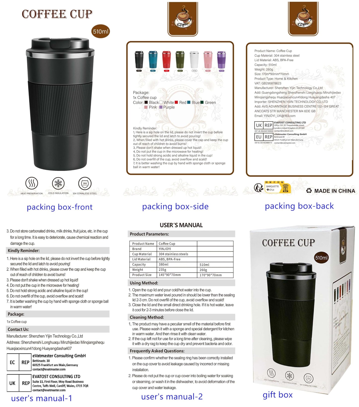 Reusable Travel Coffee Mug 510ml, Double-Walled Insulated Stainless Steel Cup with Leakproof Lid, Eco-Friendly Portable Tumbler for Hot and Cold Drinks, BPA-Free