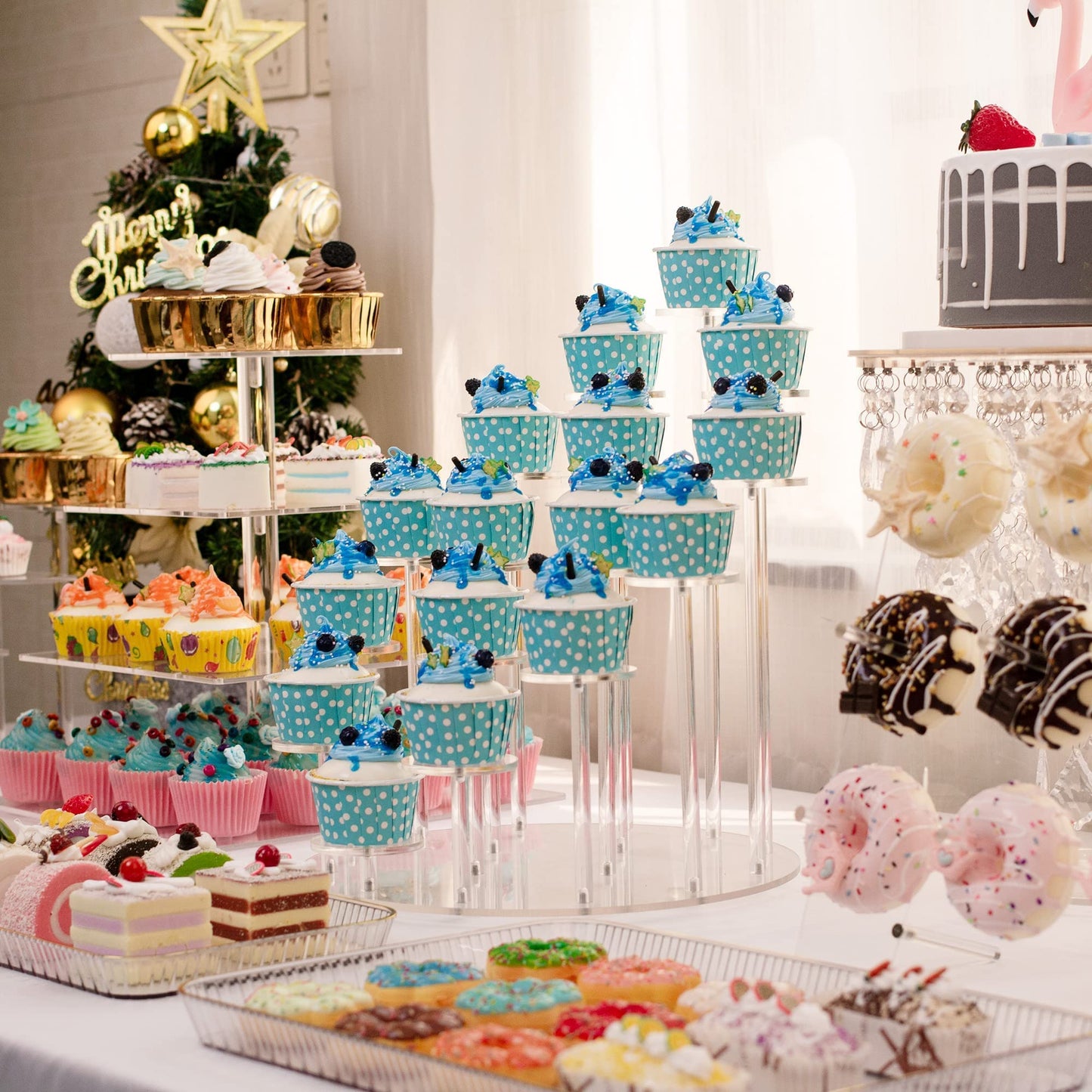 Acrylic Cupcake Display Stand, Holds 16 Cupcakes, Clear Round Dessert Holder 29.7 x 29.7 x 33cm, Tiered Pastry Serving Platter for Wedding Birthday Party Holiday Buffet