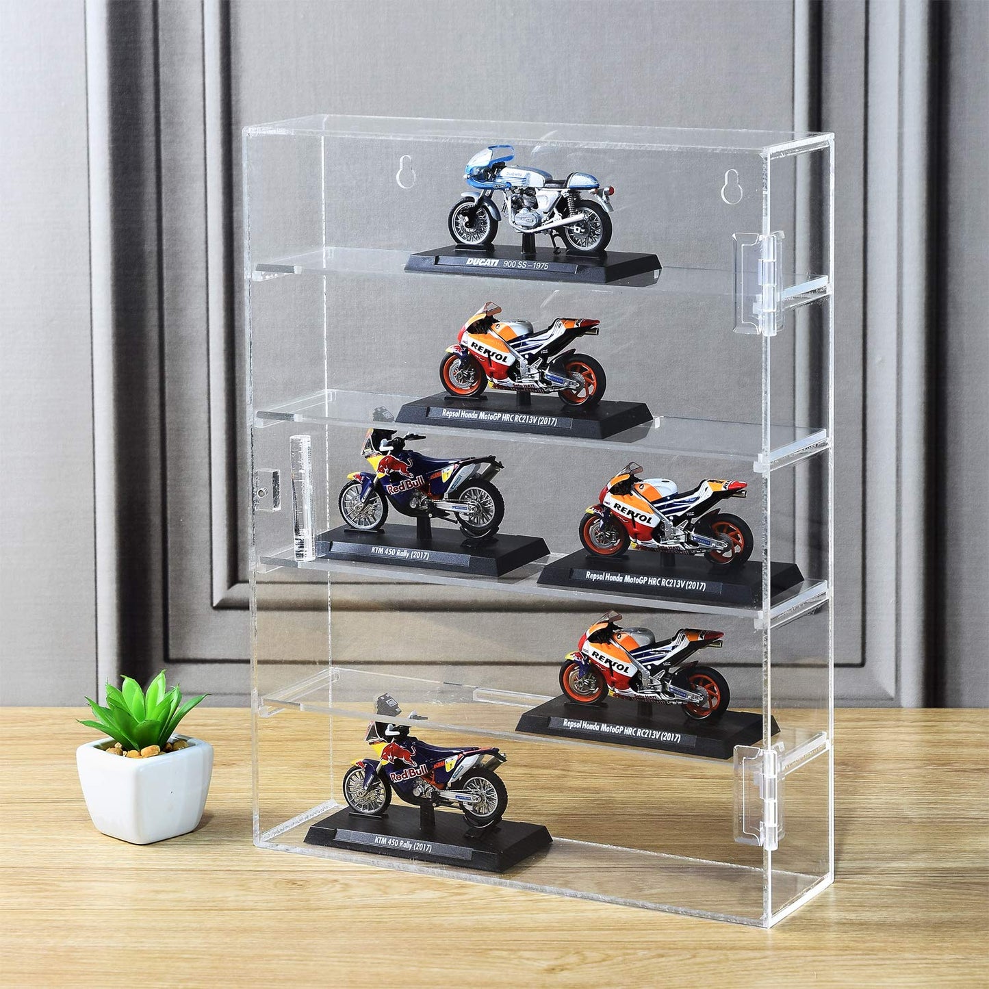 5 Tier Acrylic Display Case with Door – 27.4 x 35.6 cm Wall Mount or Countertop Cabinet, Removable Shelves for Shot Glasses, Minifigures, and Collectibles, Mirrored Back