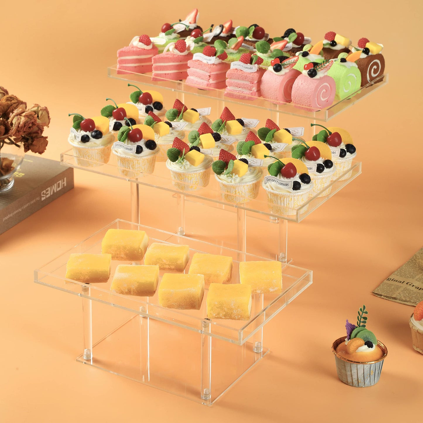 Dessert Table Display Set, 3-Piece Clear Acrylic Buffet Risers and Serving Stands, Tiered Display for Cupcakes, Pastries, Cookies, Treats and Party Food Presentation, 3 Sizes, Clear