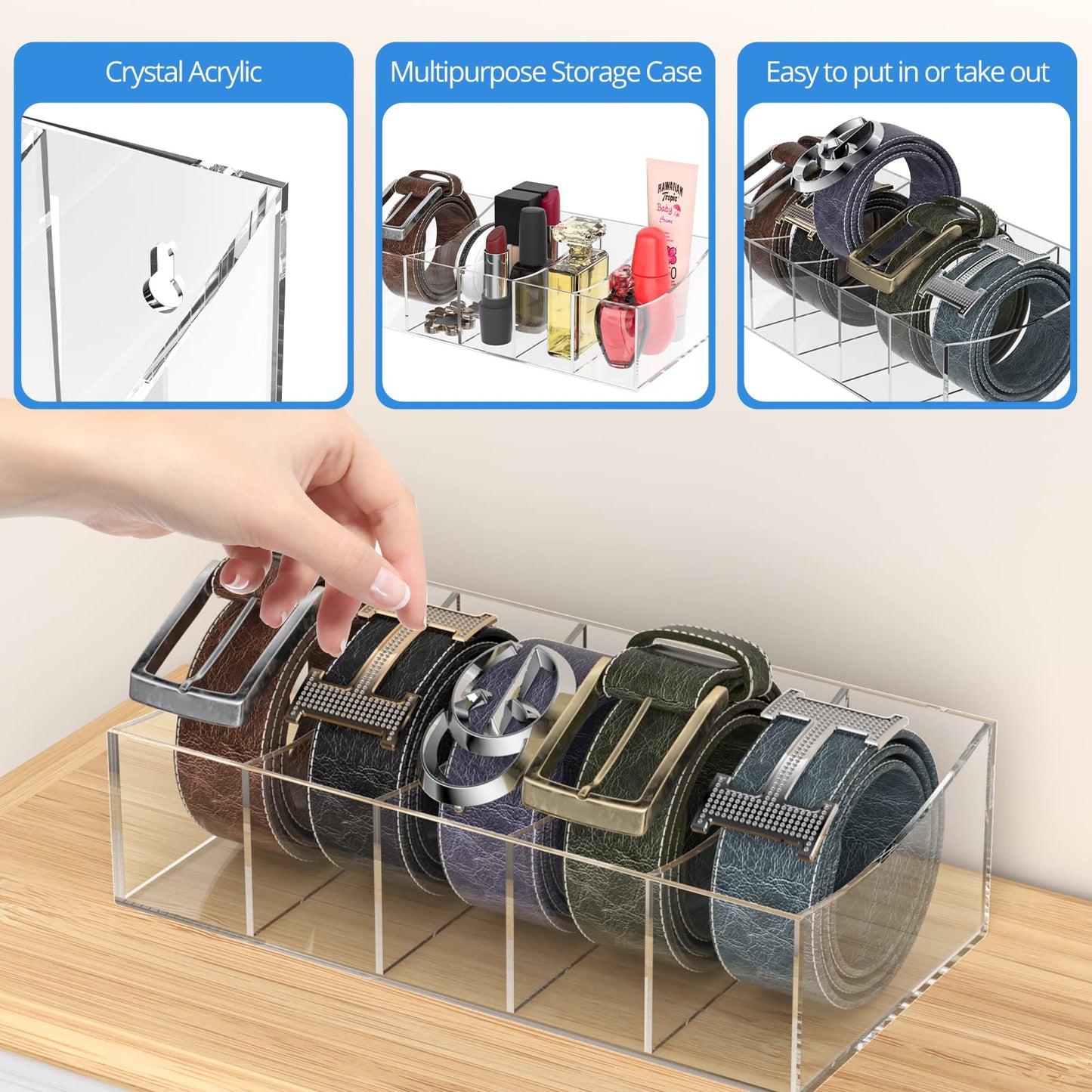 Acrylic Belt Storage Holder, 5-Compartment Clear Display Organizer for Closet or Drawer, Belt Tie and Bow Tie Container for Men’s Accessories and Daily Use, Transparent Case, Clear
