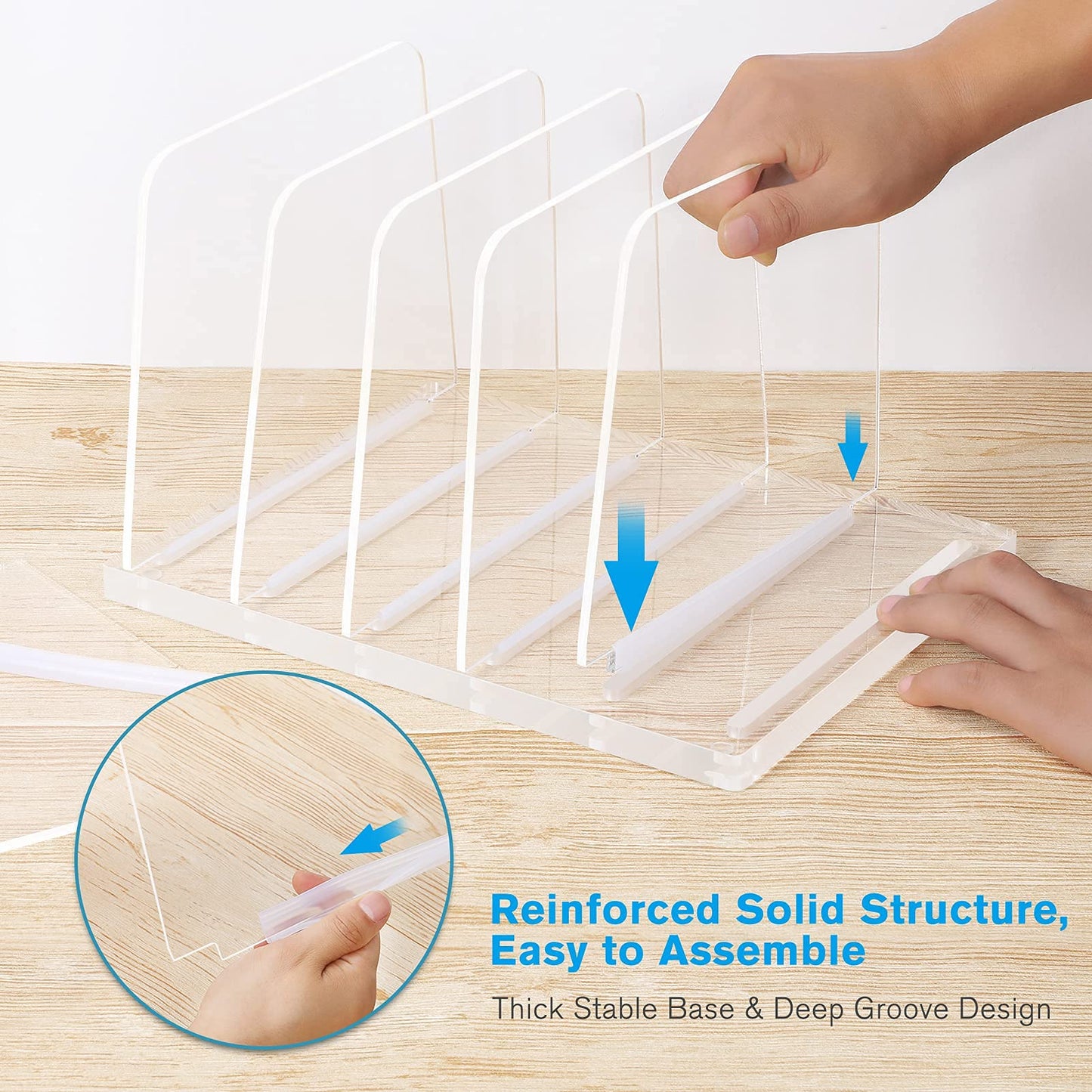 5-Section Vertical Acrylic File Organizer, Clear Desktop File Folder Holder and Sorter Rack, Durable Document Stand for Office, School, and Home Use, Modern and Sleek Workspace Accessory