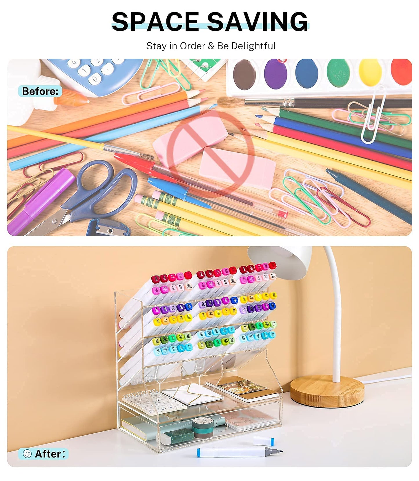 Acrylic Pen Organizer for Desk with Drawer, Multi-Functional Clear Marker Holder with 12 Compartments, Heavy-Duty Desktop Pencil Storage for Home, Office & Art Studio
