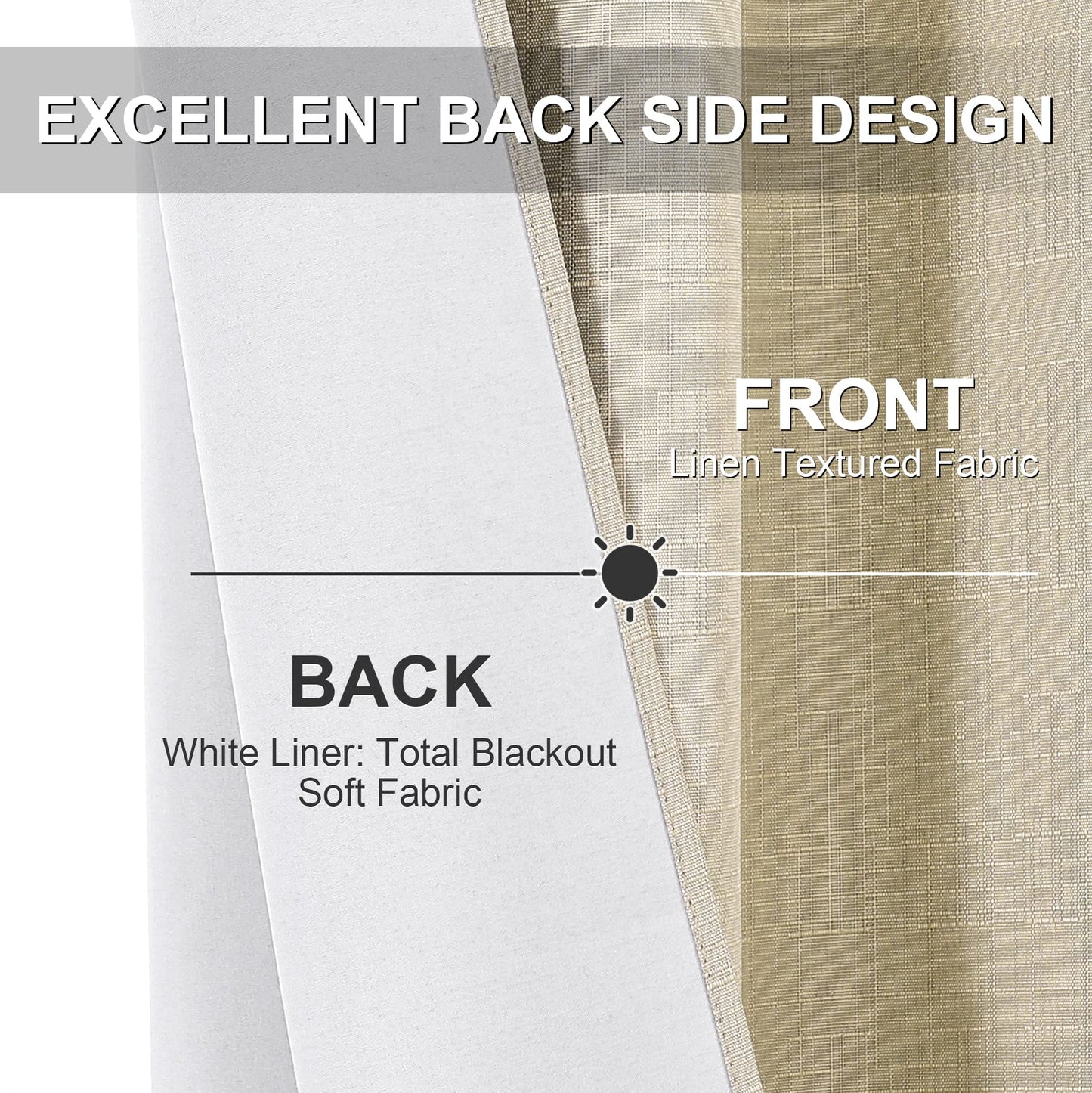 Linen 100% Blackout Curtains for Bedroom Living Room Thermal Insulated Fabric -Room Darkening -Steel Grommet Window Curtains -1 Piece
