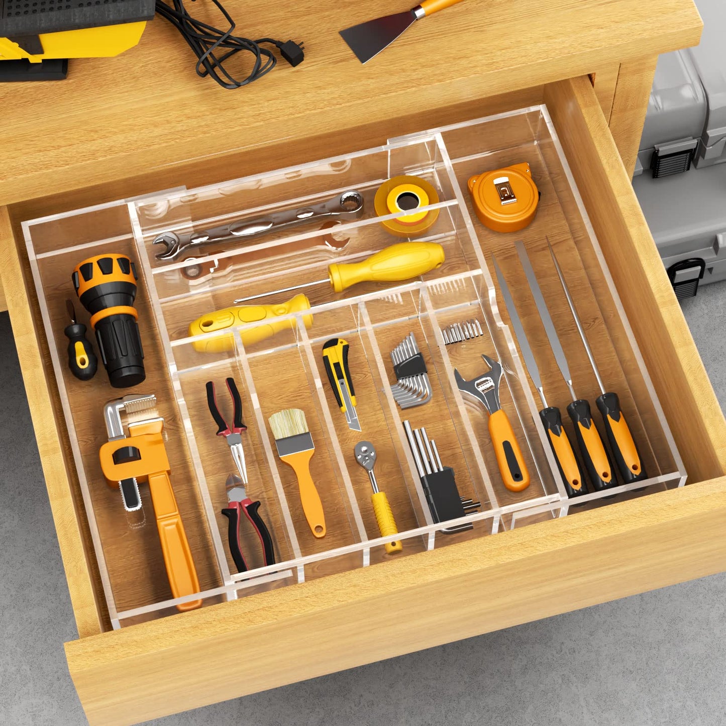 Clear Acrylic Expandable Drawer Organizer, Adjustable Cutlery Tray for Flatware Utensils and Supplies, 53.3 cm Wide, 7 Compartments with Sliding Sides for Kitchen Office or Bathroom Use