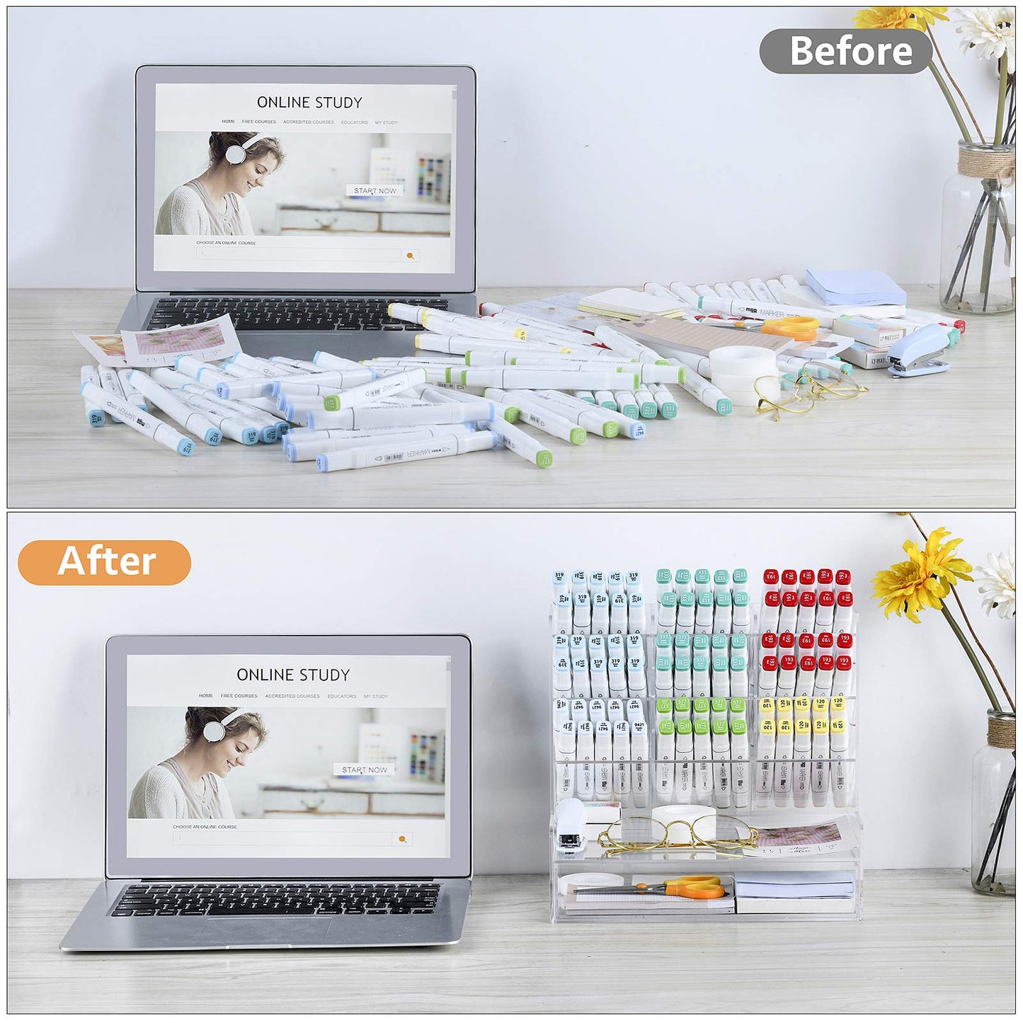 Clear Acrylic Desk Organizer for Pens and Accessories, Multi-Compartment Marker and Pencil Holder with Integrated Storage Drawer, Desktop Organization Caddy for Art and Office Supplies