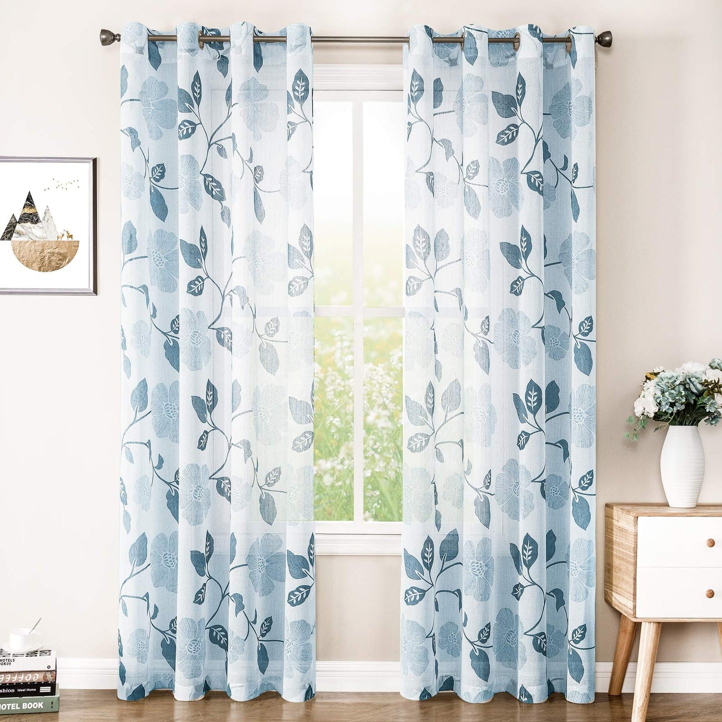 Rich Natural Linen curtains - Printed floral curtains- Semi-transparent - sliver steel grommets for living room, bedroom, kitchens - 1 Piece