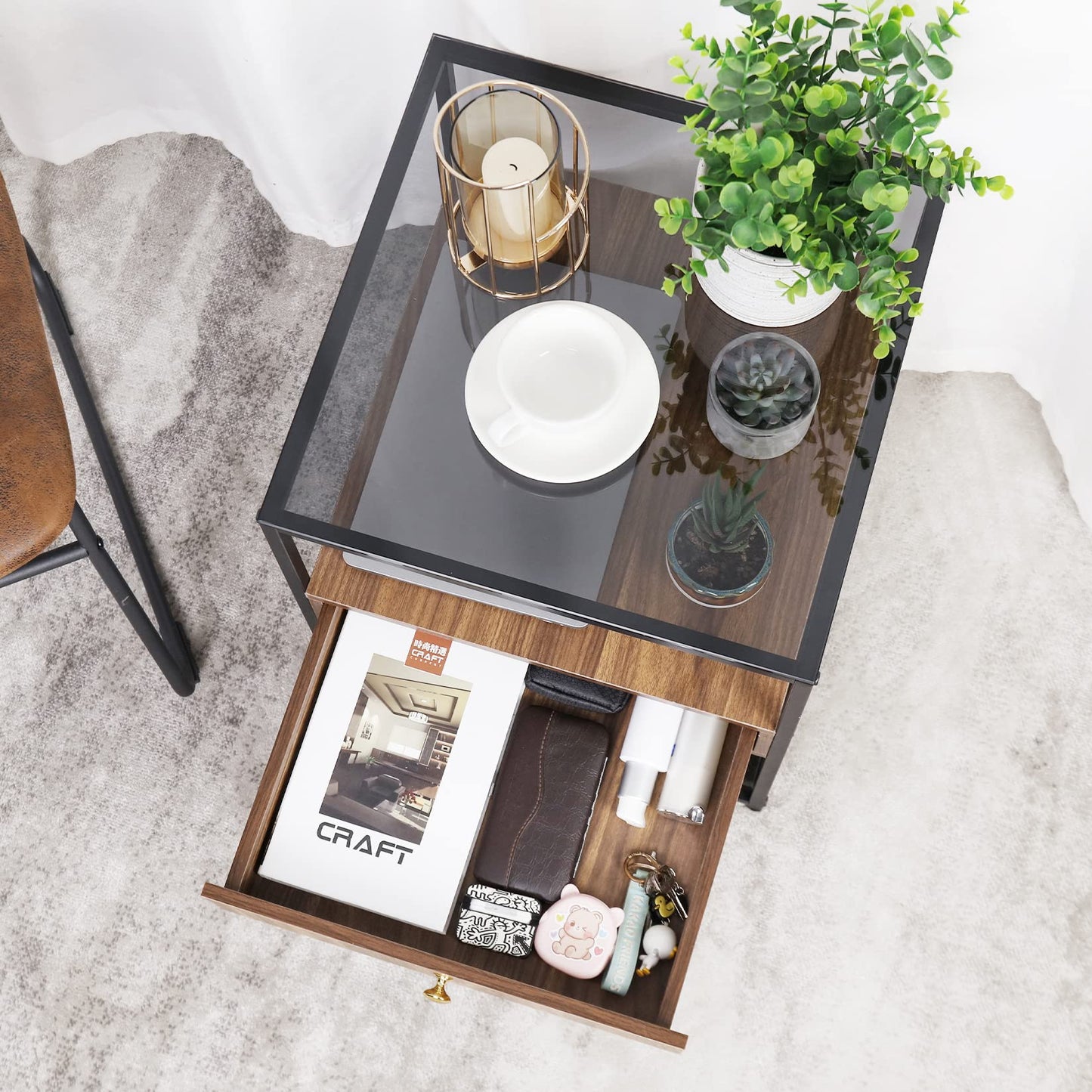 Bedside Table with Drawer: Tempered Glass Sofa Side Table Modern Nightstand with Wood Storage Shelf and Metal Black Frame Small Coffee Table for Living Room Bedroom