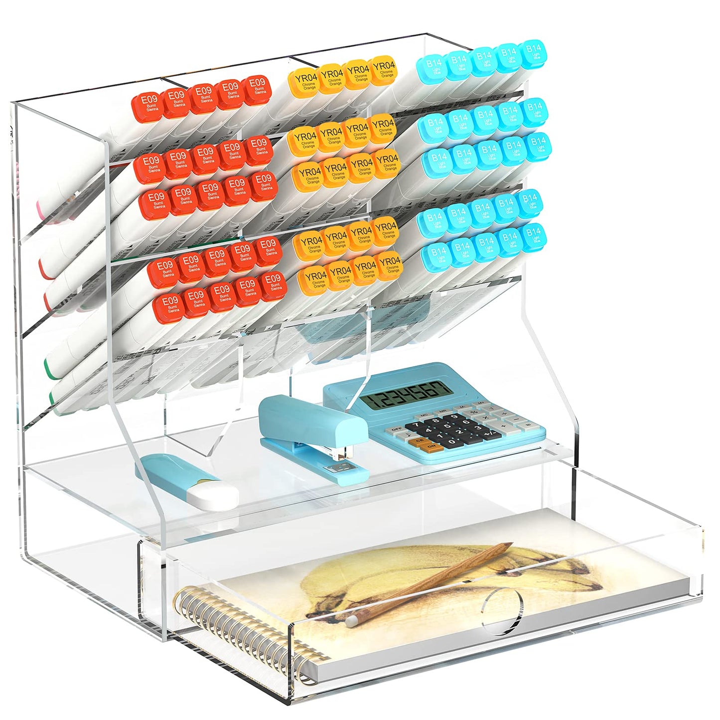 Acrylic Pen Organizer for Desk with Drawer, Multi-Functional Clear Marker Holder with 12 Compartments, Heavy-Duty Desktop Pencil Storage for Home, Office & Art Studio