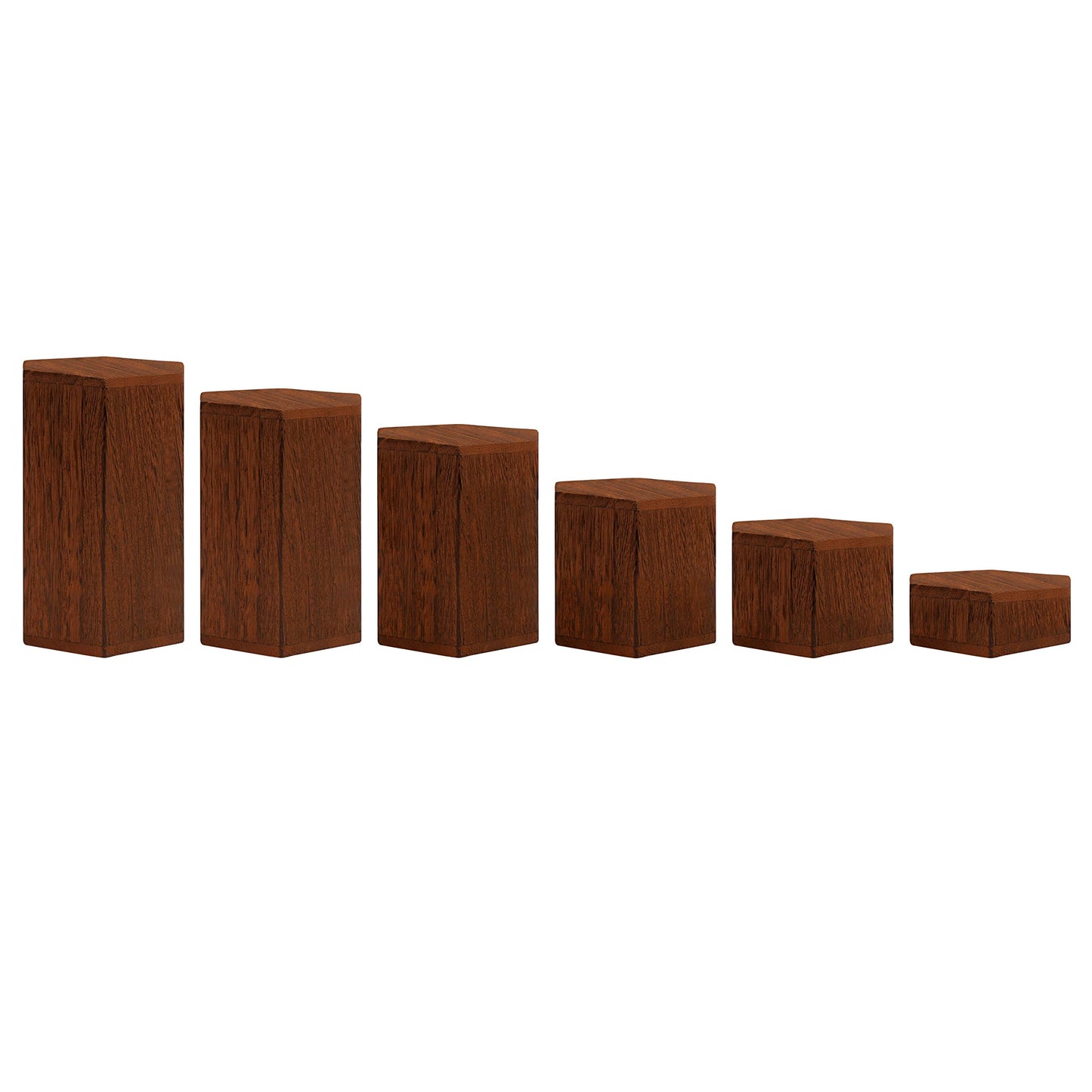 Set of 6 Hexagonal Wooden Display Risers, Geometric Showcase Stands for Jewelry, Figures, and Desserts, Multi-Level Hollow Plinths for Retail, Home, & Party Decor