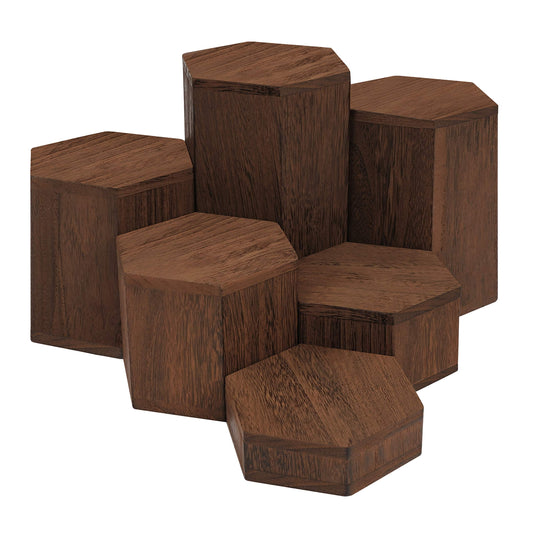 Set of 6 Hexagonal Wooden Display Risers, Geometric Showcase Stands for Jewelry, Figures, and Desserts, Multi-Level Hollow Plinths for Retail, Home, & Party Decor