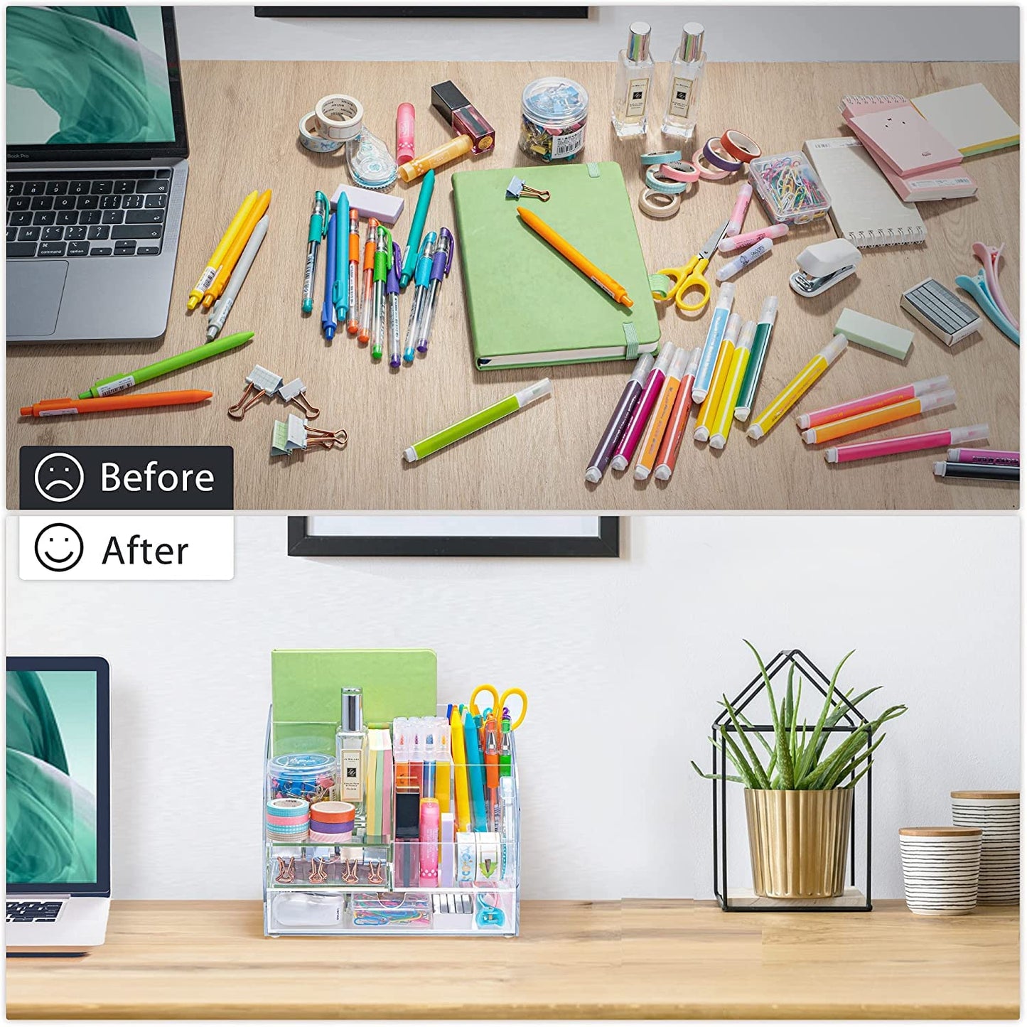 Acrylic Desk Organizer with 2 Drawers, Clear 5-Compartment Pen Holder and File Sorter, All-in-One Office Supplies Storage for Dorm, Home, and School, Desktop Caddy