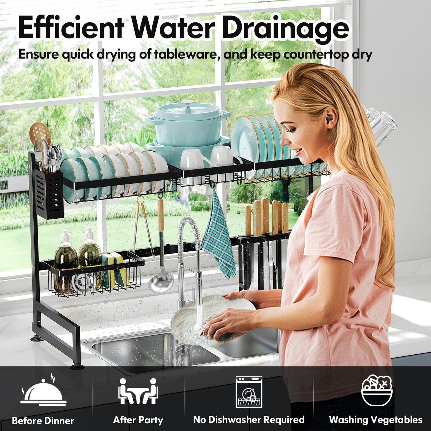 MAJALiS Dish Drying Rack in Sink, Small Dish Drainers for Kitchen Sinks, Expandable Over The Sink Dish Racks with Utensil Holder, Stainless Steel Plates Drying Rack, Black