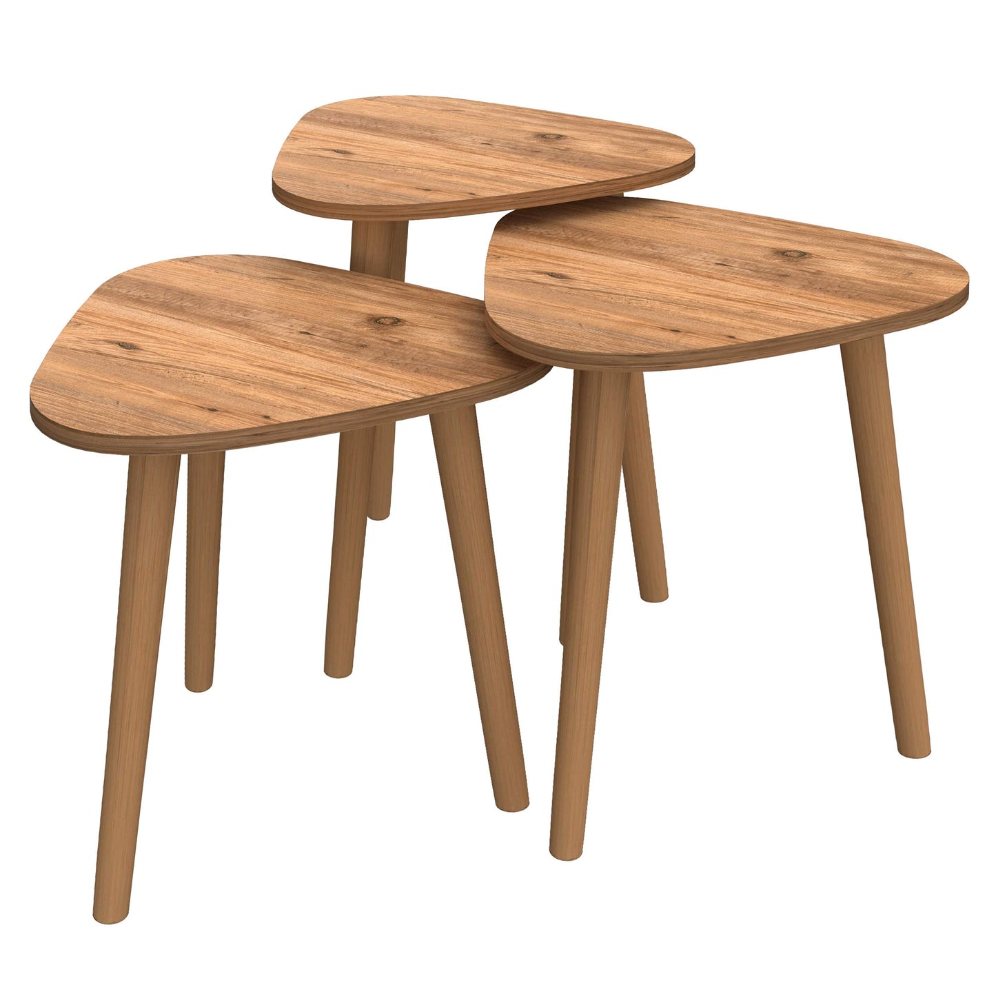 Set of 3 Pine Wood Triangle Nesting End Tables Round Wood Stacking Coffee Side Accent Table with Metal Legs for Living Room, Home Office, Nightstands for Bedroom