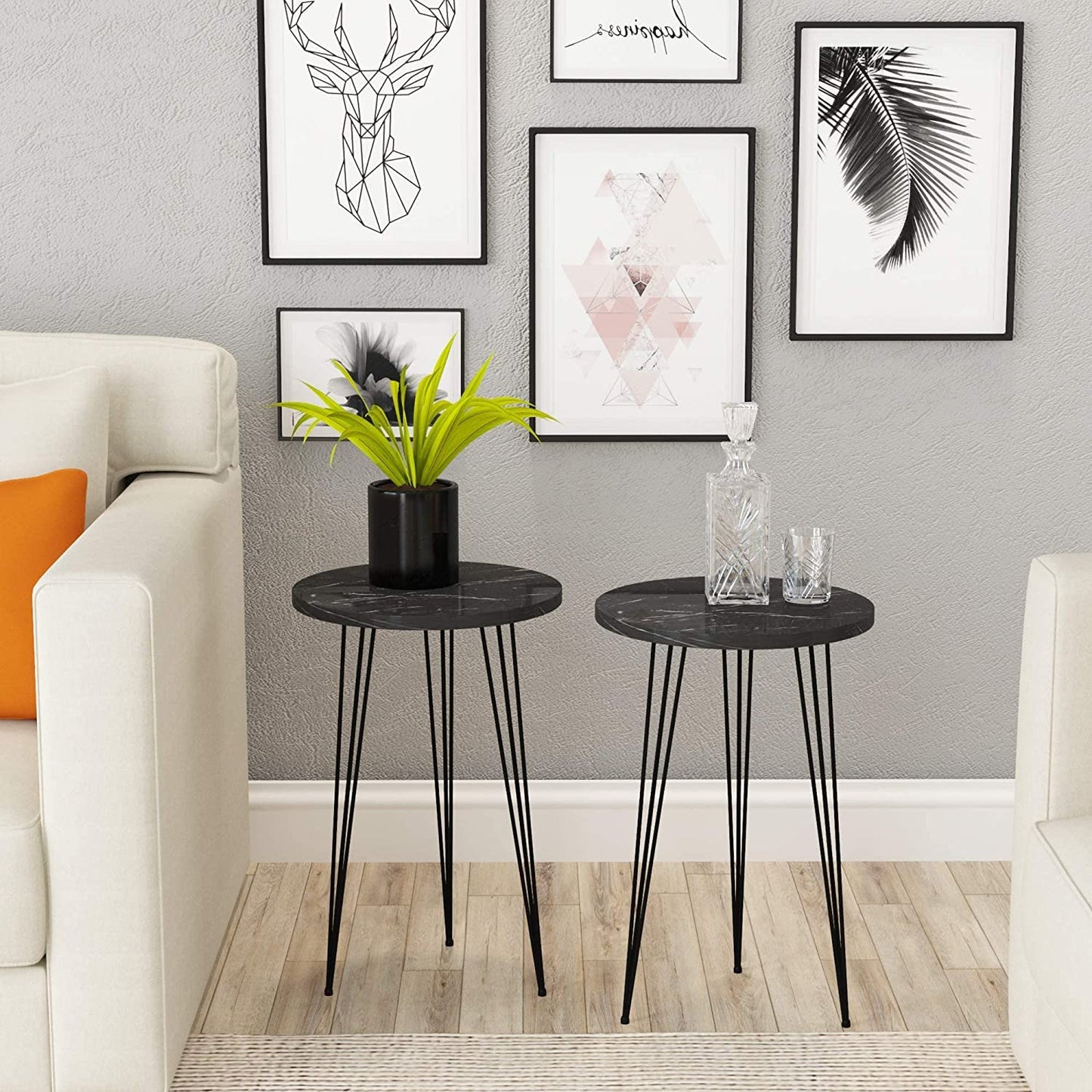 Set of 2 Black Marble End Tables Round Wood Sofa Side Coffee Tables for Small Spaces, Nightstand Bedside Table with Metal Legs for Bedroom, Living Room, Office, Balcony