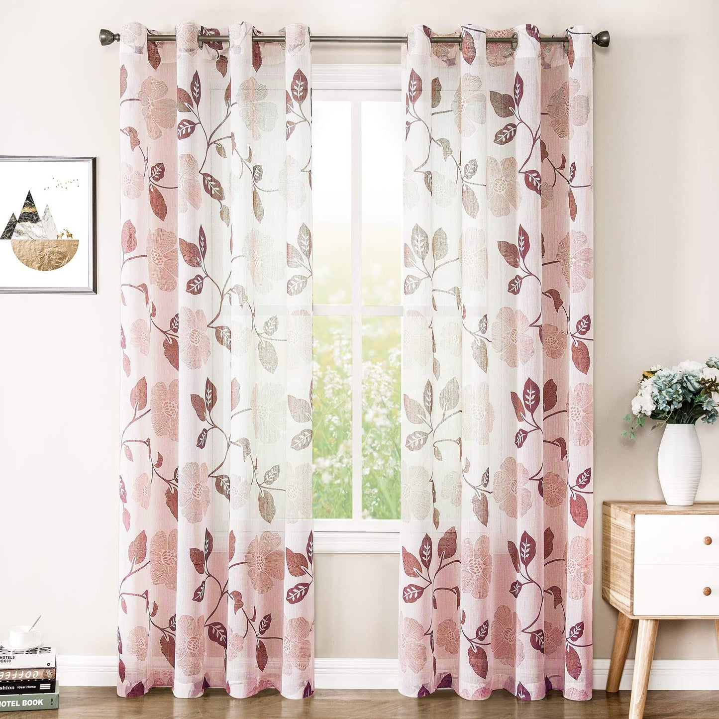 Rich Natural Linen curtains - Printed floral curtains- Semi-transparent - sliver steel grommets for living room, bedroom, kitchens - 1 Piece