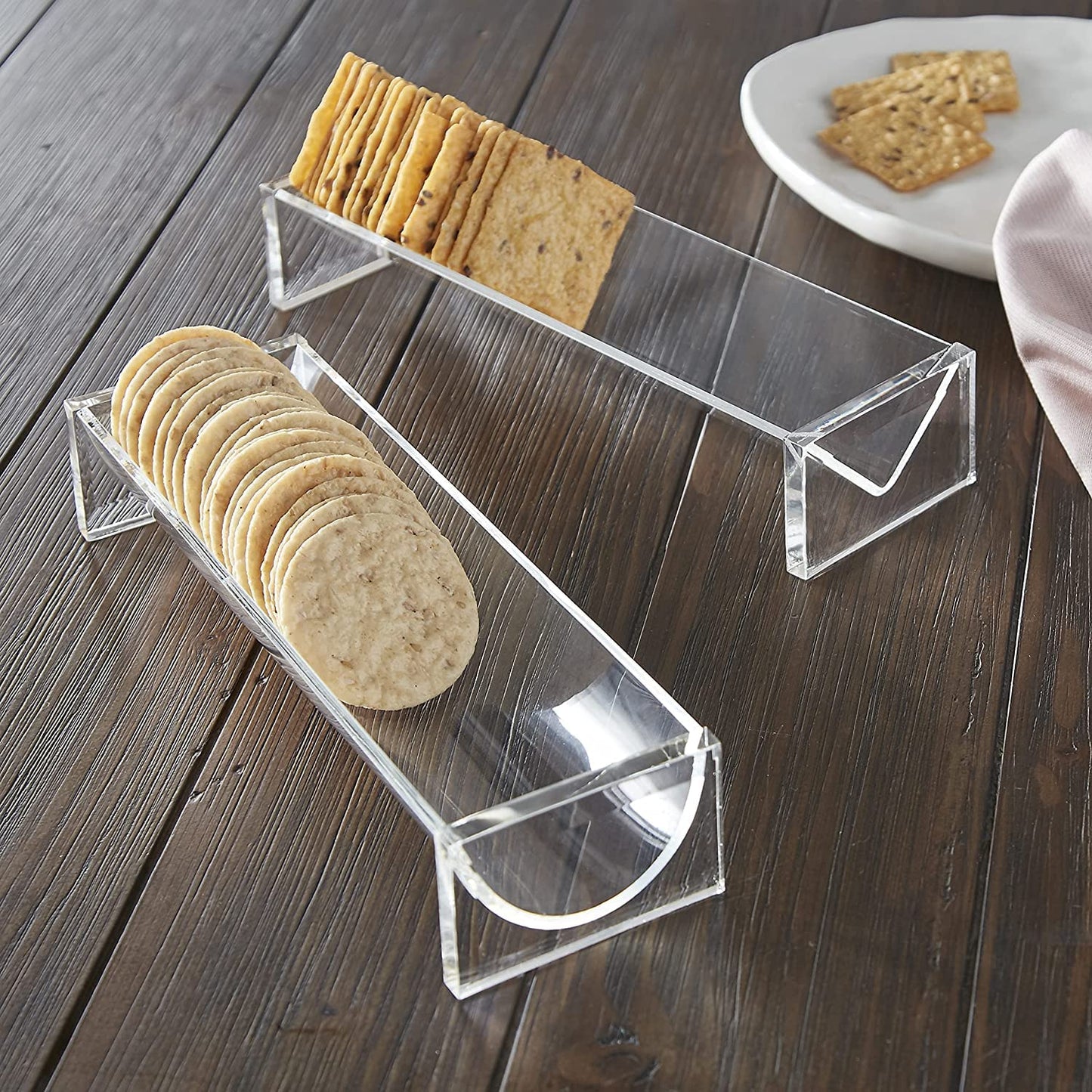 2-Piece Acrylic Cracker Serving Tray, Clear Rectangular Cracker Holders for Party Platters, Food Displays, and Charcuterie Boards, Elegant Riser Stand for Home and Event Use, Clear