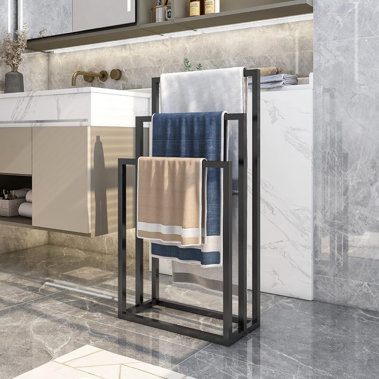 3-Tier Black Metal Towel Rack - Chrome Tall Industrial Modern Freestanding Towel Holder for Bathroom Accessories