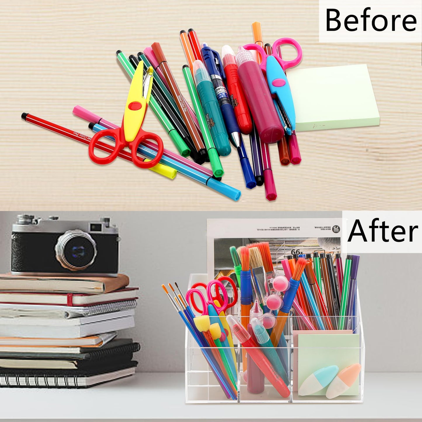 7-Compartment Clear Acrylic Desk Organizer, Stationary Caddy and Pen Holder for Notebooks and Pencils, Multi-functional Storage for School, Artist, and Office Craft Room Supplies