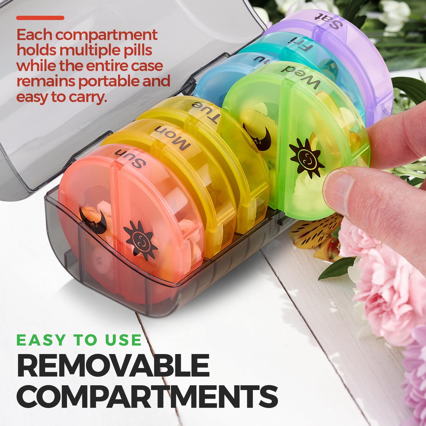 Weekly Pill Organizer, 7-Day AM/PM 2 Times-a-Day Compartments, Portable Travel Case for Pills, Vitamins, Fish Oils, and Supplements, Durable Rainbow Design, 2 Pack