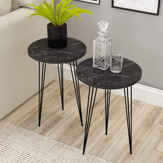 Set of 2 Black Marble End Tables Round Wood Sofa Side Coffee Tables for Small Spaces, Nightstand Bedside Table with Metal Legs for Bedroom, Living Room, Office, Balcony