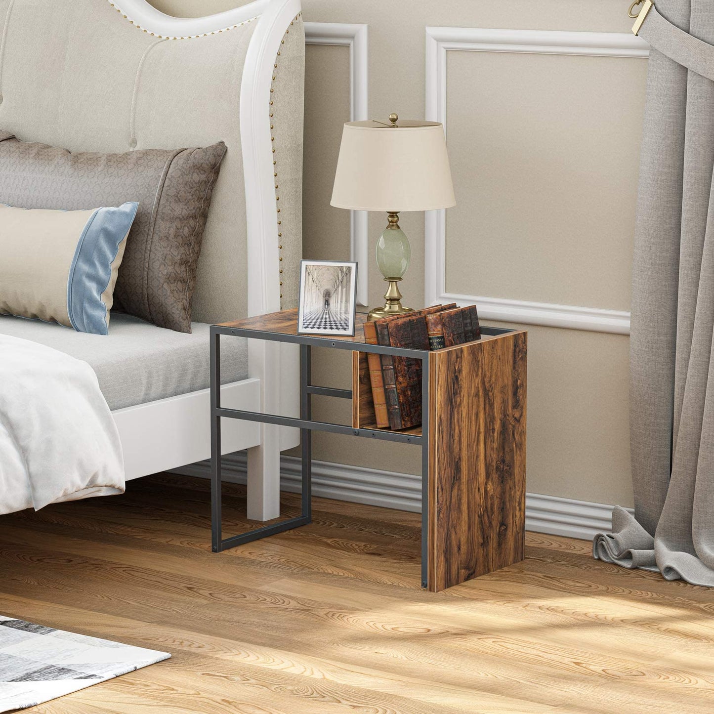 Sofa Side End Table, C Shaped Reversible Table with Wooden Shelf, Side Table for Living Room, Bedroom, Metal Frame Nightstand