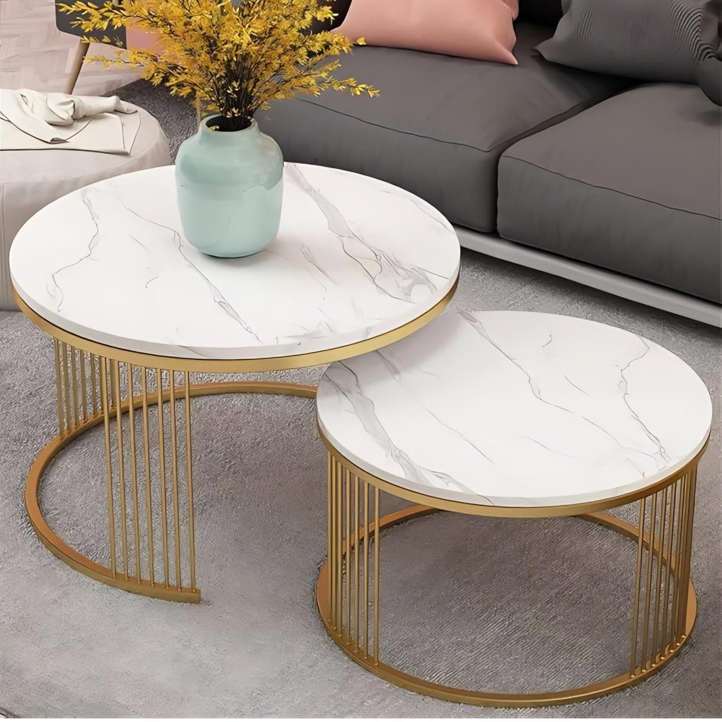 Nesting Coffee Tables, Faux Marble and Gold Elegance, Set of 2 Round Tables with Metal Base, 65x65x45 cm, Space-Saving Design for Living Room, Side Tables for Home