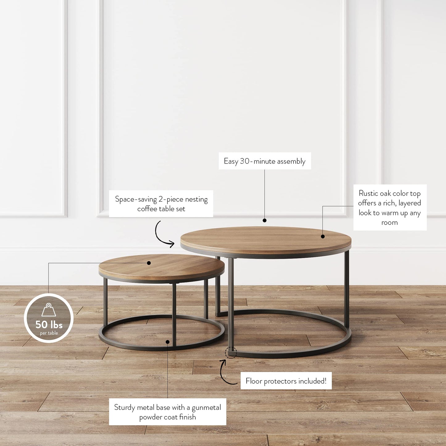 Modern Nesting Coffee Table Set of 2, Round Industrial Wood and Metal Accent Tables, 65x65x45 cm, Stackable Design for Living Room, Powder-Coated Steel Frame, Space-Saving Stylish Home Decor