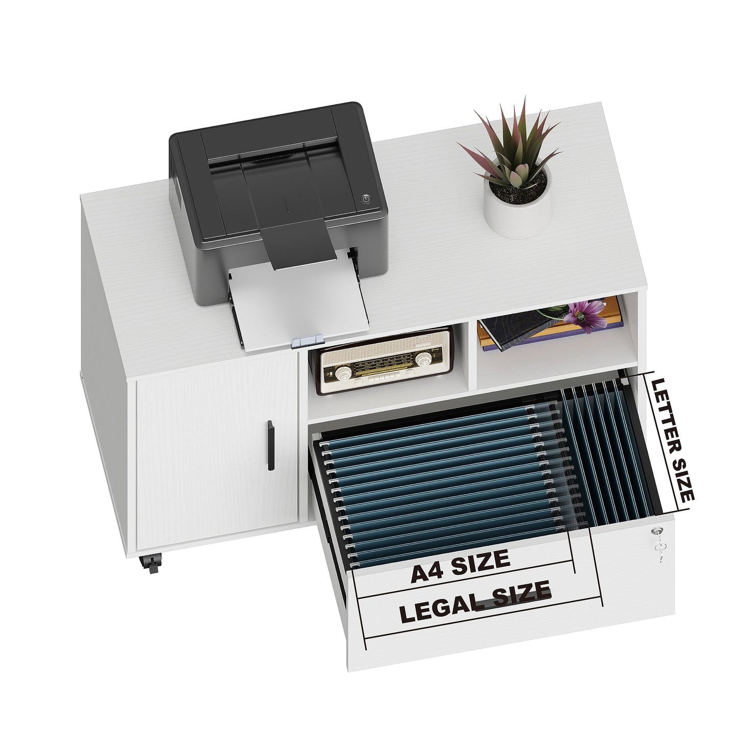 Office File Cabinet with Lock in White, 2-Drawer Mobile Pedestal with Wheels, Under-Desk Filing Cabinet for Home Office, Secure Document Storage with Key, Modern Design