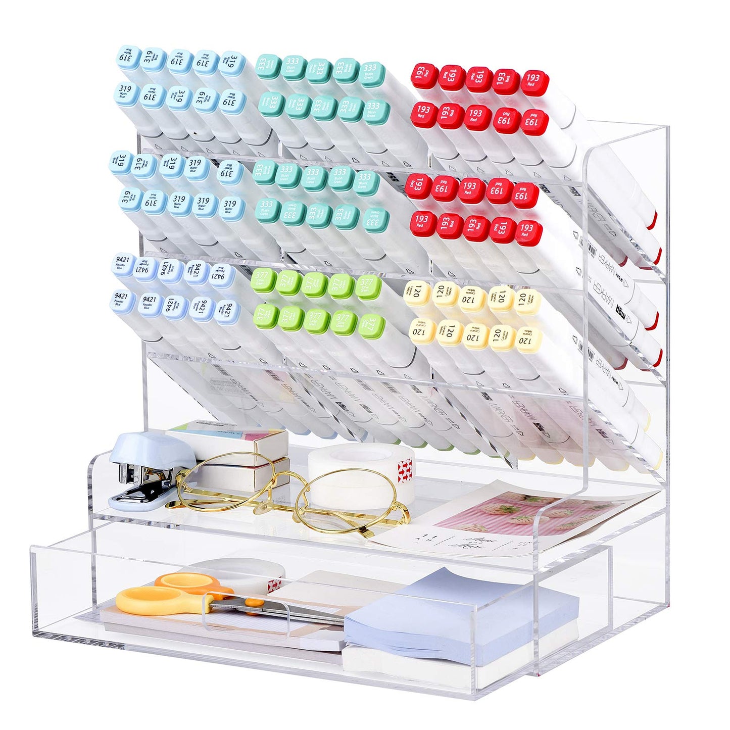 Clear Acrylic Desk Organizer for Pens and Accessories, Multi-Compartment Marker and Pencil Holder with Integrated Storage Drawer, Desktop Organization Caddy for Art and Office Supplies