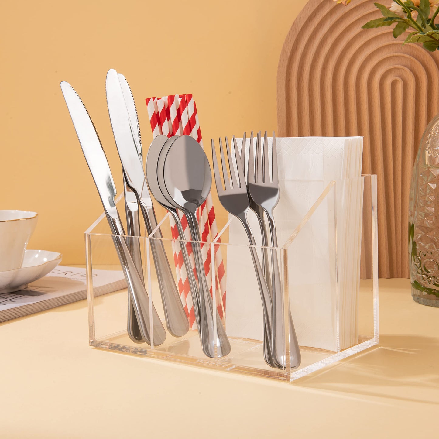 Utensil Holder Organizer, Clear Acrylic Countertop Caddy for Storing Cutlery, Flatware, Spoons, Forks, Knives and Napkins, Suitable for Kitchens, Buffets and Dining Tables, Clear