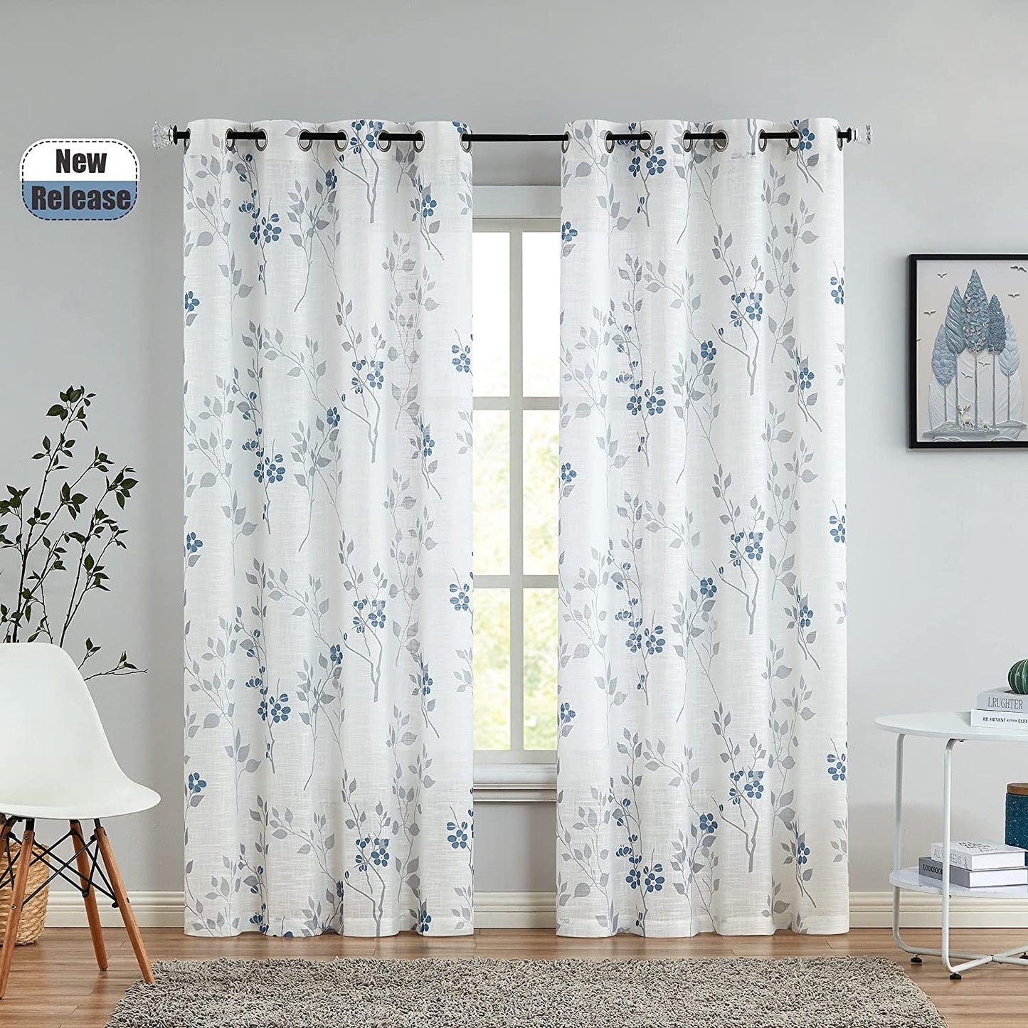 Rich Natural Linen curtains - Printed floral curtains- Semi-transparent - Steel grommets for living room, bedroom, kitchens, 1 piece