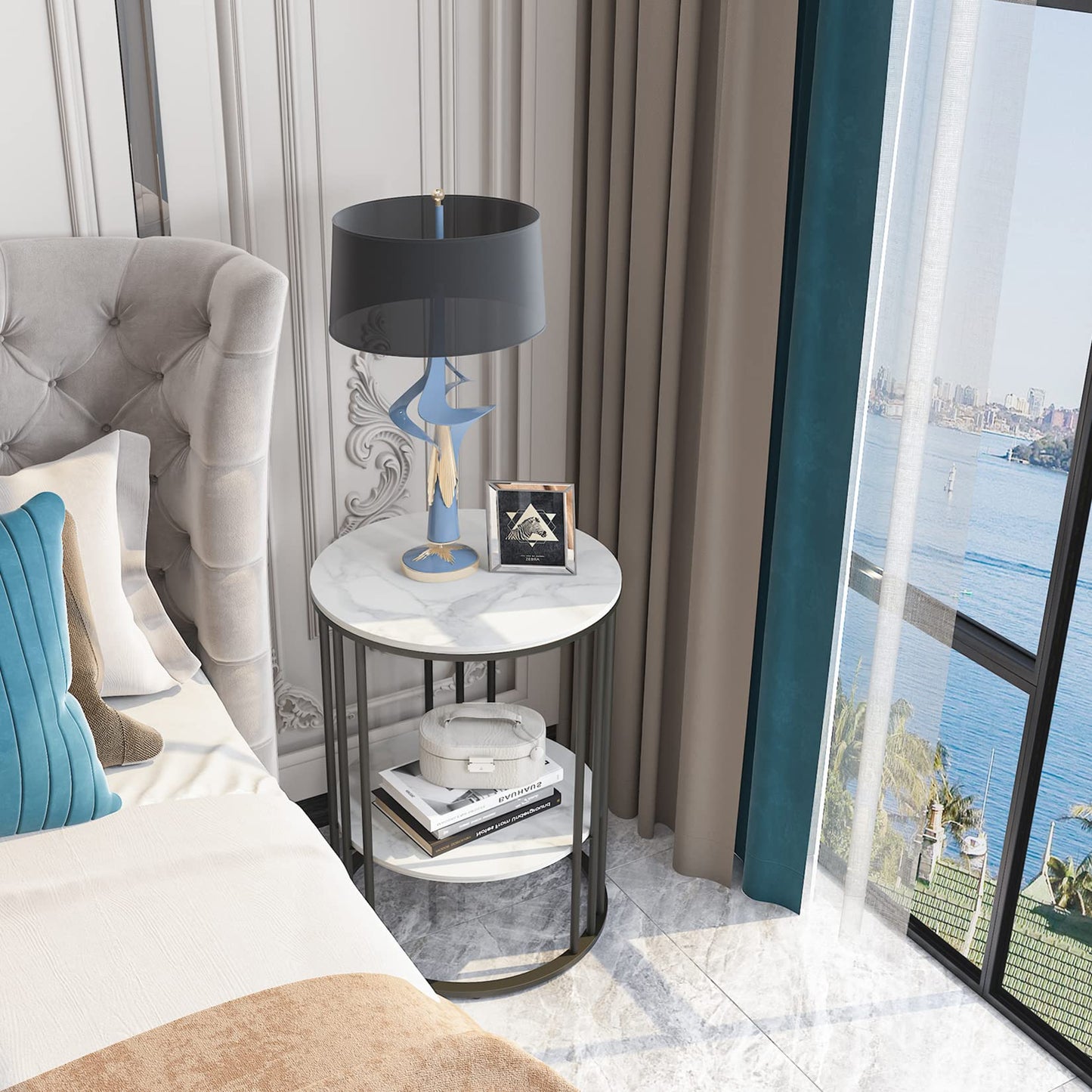 2-Tier Round Faux Marble Side Table, Modern Sofa Table with Black Iron Frame, Luxury Coffee Table for Living Room, Bedroom, or Office – 40D x 40W x 54H CM