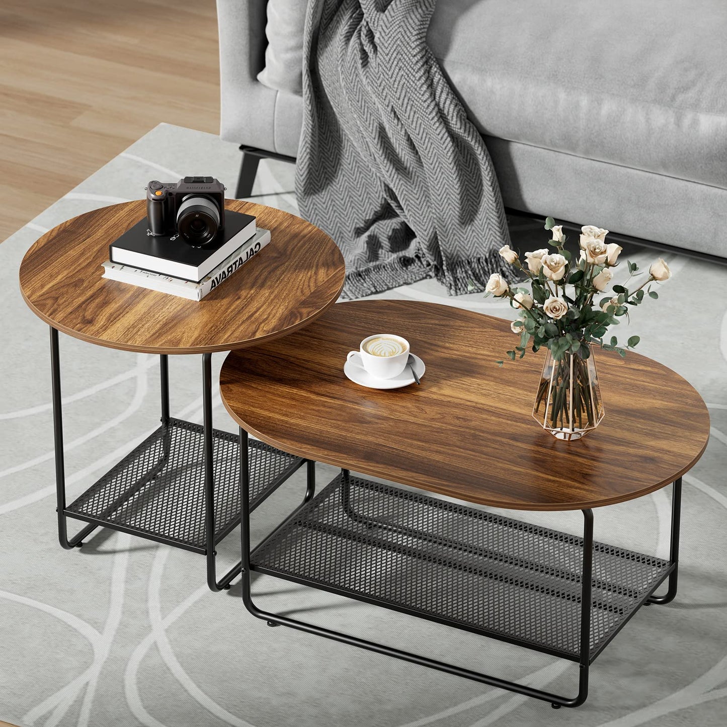Coffee Table Set, 2-Tier Center Table with Open Shelf and Metal Frame, Modern Round Coffee Table for Living Room, Set of 2